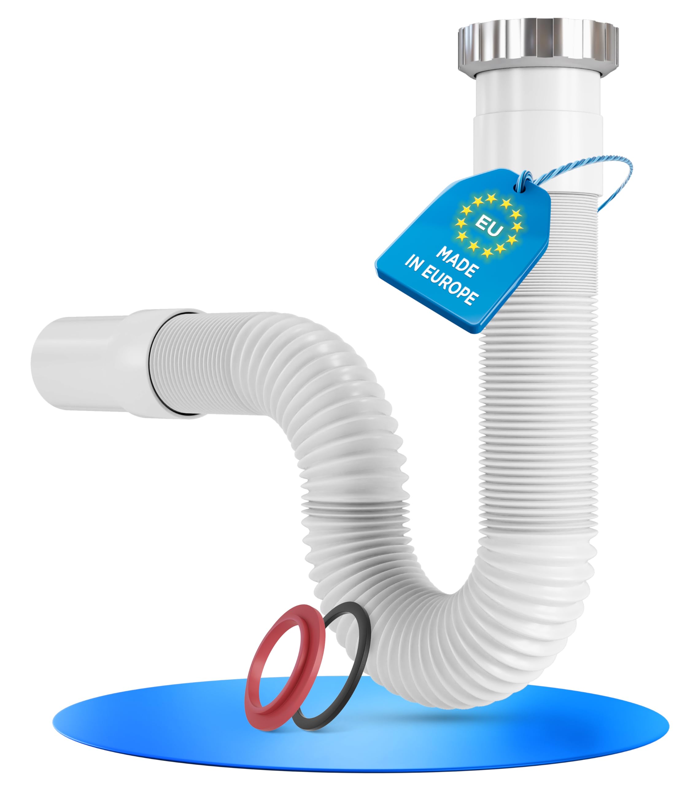 LOBENSWERK Siphon Küchenspüle mit hochwertiger Aluminium Mutter - G 1 1/2” x 40mm ausziehbar 320-890mm - Flexibler Ablaufschlauch für die Küchenspüle - 100% Wasserdicht