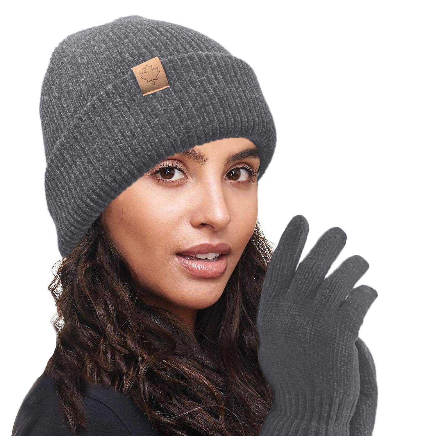 Toskatok Women's Grey Warm Thermal Lined Chenille Hat And Glove Set