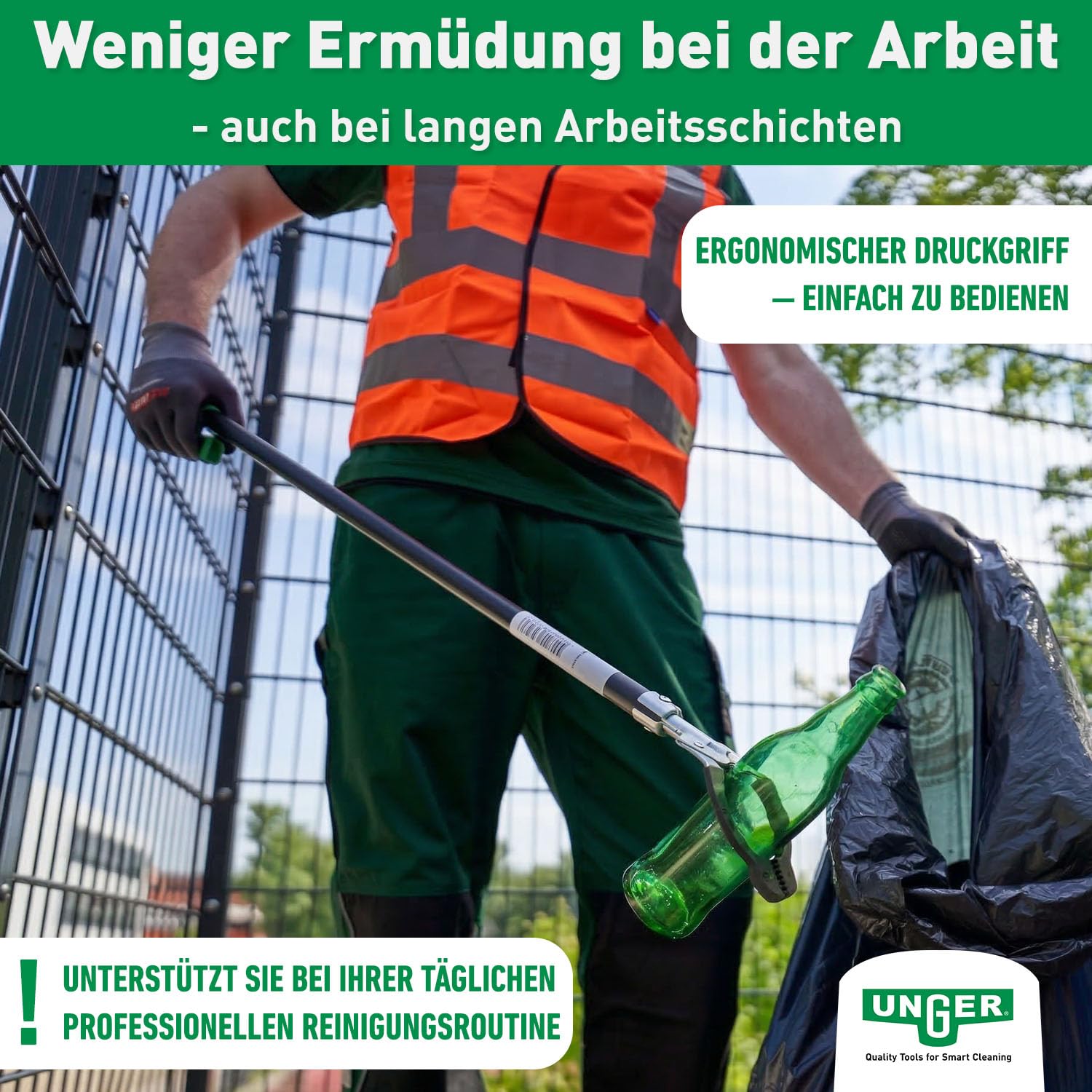 UNGER NiftyNabber Pro Müllzange (97 cm lang, Allzweckgreifer, Stahlrohr, Abfallgreifer, Öffnungsmaß Klauen 15 cm) NN900