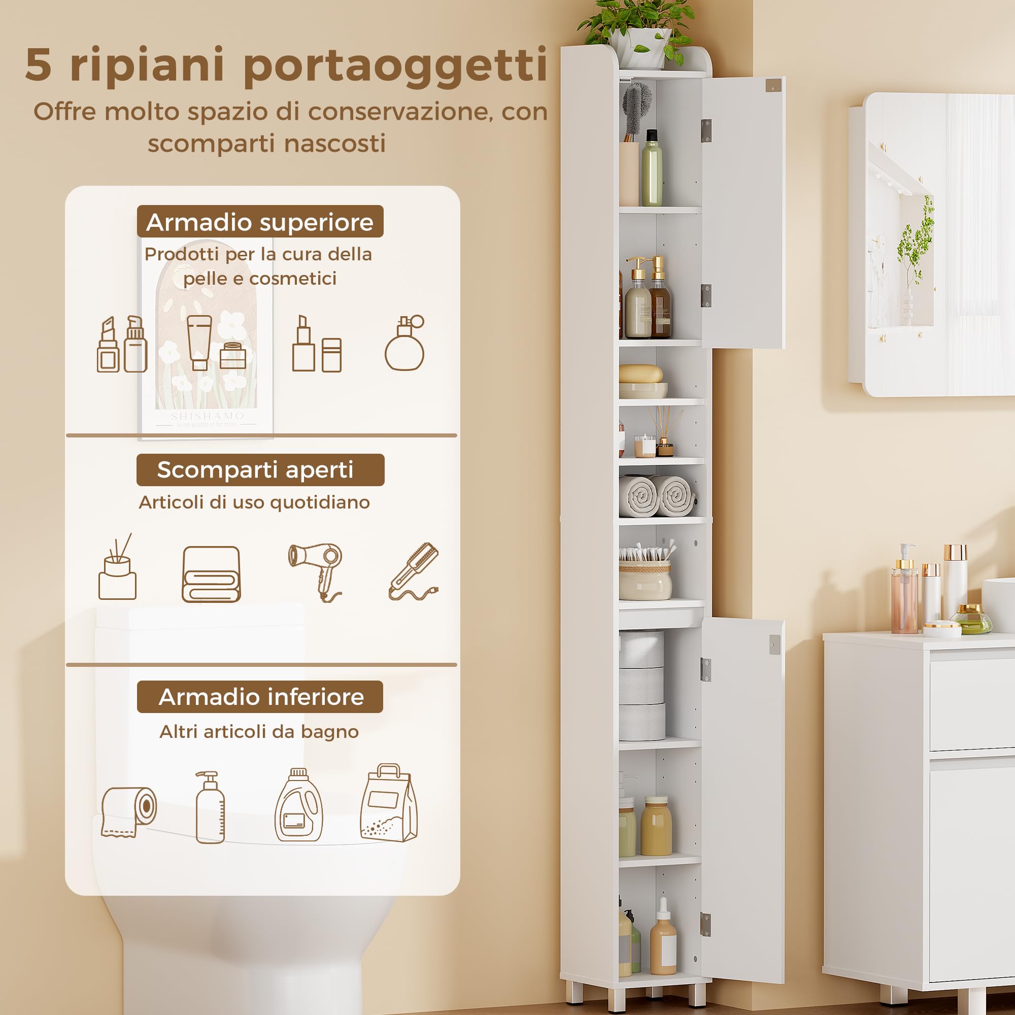 BEWISHOME Mobile Bagno Alto Stretto Mobiletto Bagno Salvaspazio 20x20x180cm | Mobiletto con Ripiani Aperti Cassetto e Ripiano Regolabile Armadietto per Piccoli larghi