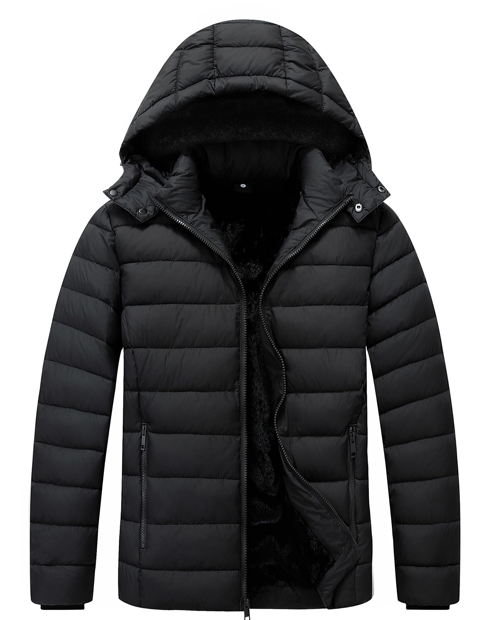 Mens Quilted Puffer Down Coat Waterproof Windproof Detachable Hood Flannel Lined Thicken for Winter Travel