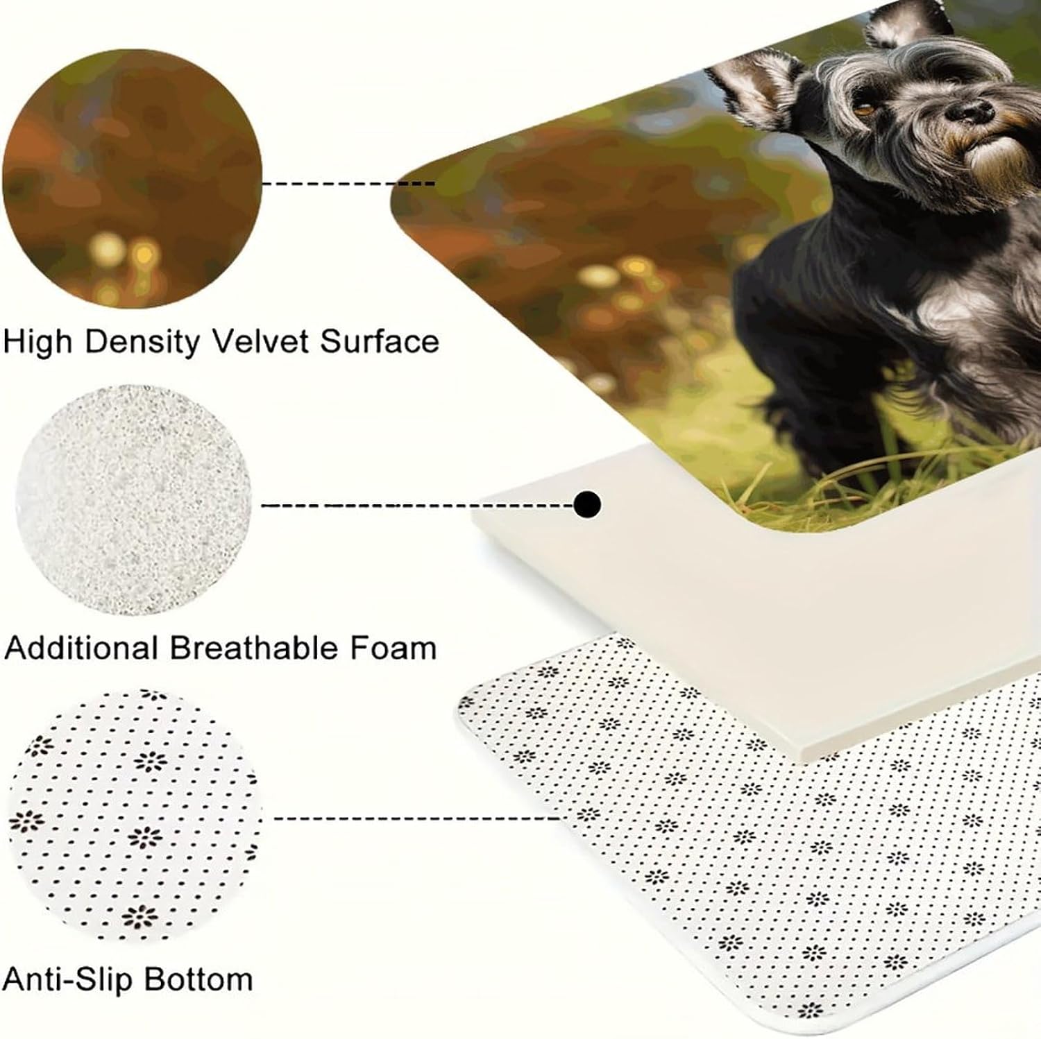 Schnauzer Dog on The Grass Kitchen Mats for Floor 3 Pcs Kitchen Rugs