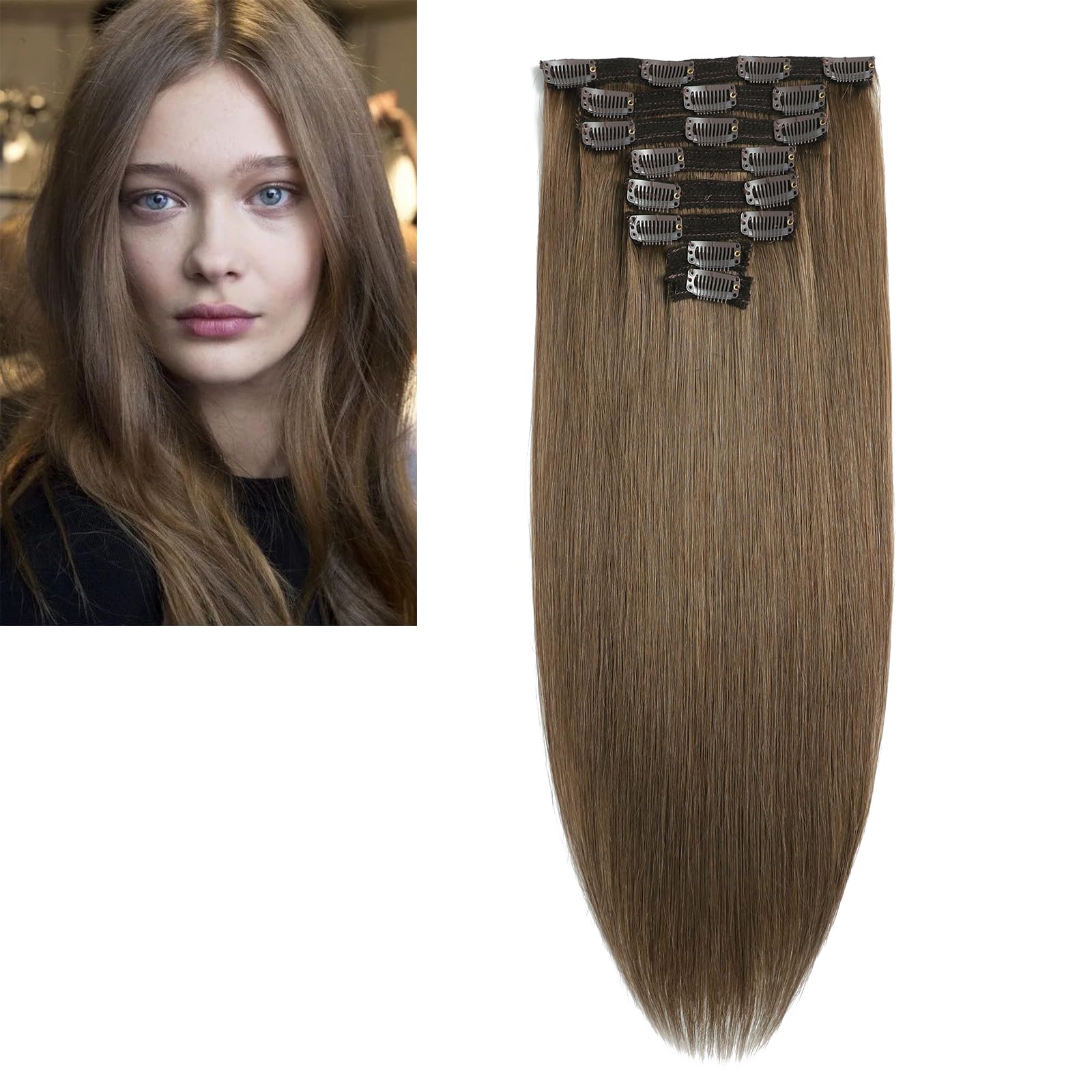 Hell Aschblond Clip in Extensions 9A Echthaar 15#, Human Hair 100% Remy Tressen Haarverlängerung 8pcs Glatt mit Clips 22inch/55cm