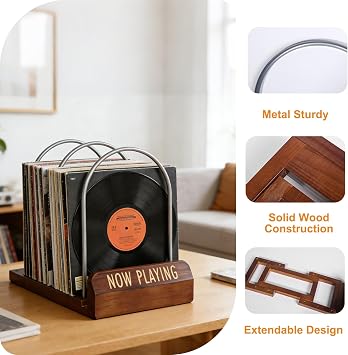 Vinyl Record Storage Stand, Expandable Vinyl Stand for 30-70 LPs, Now Playing Records Holder, Adjustable Vinyl Display Rack, Wood Record Holder for Albums, CDs, Magazines