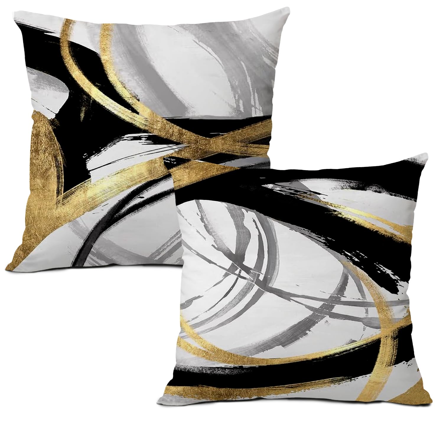 Black White and Gold Pillow Covers, 18 x 18 Inch Set of 2, Abstract Black and Gold Pillow Covers, Modern Boho Home Decor, Decorative Throw Pillows for Couch Living Room Bedroom
