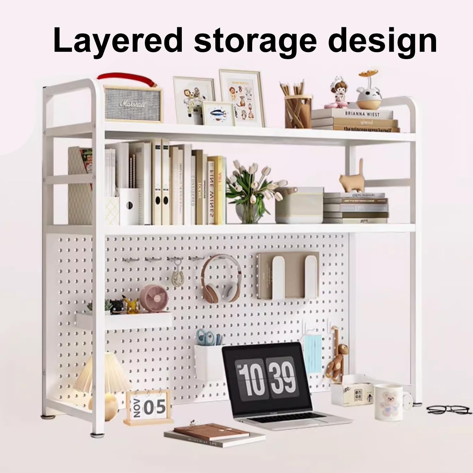 Étagère De Bureau Avec Panneau Perforé - Rangement PC, Livres, Décorations - 95cm Large, Charge 20kg
