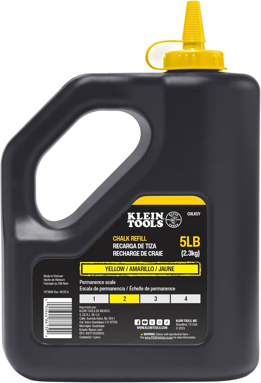 KLEIN TOOLS CHLK5Y Yellow Chalk Refill, 5-Pound, Easy and Spill-Free Refills, Chalk Line For Use on Drywall, Concrete, Stone, Wood, and Plastic