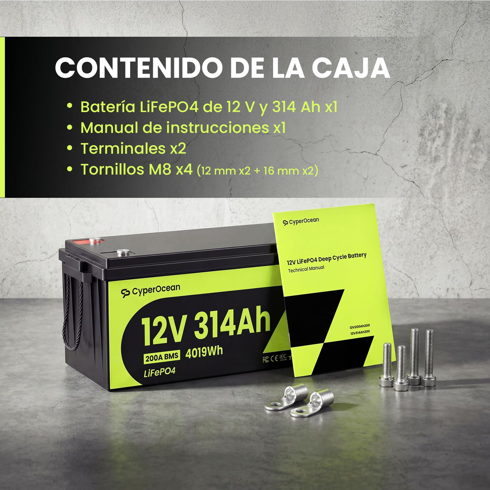 Batería LiFePO4 12V 314Ah de CyperOcean,Batería Solar de Ciclo Profundo con BMS Inteligente de 200A, Ideal para Sistemas Off-Grid, RV y Energía Residencial (4019Wh, Celdas EV Grado A)