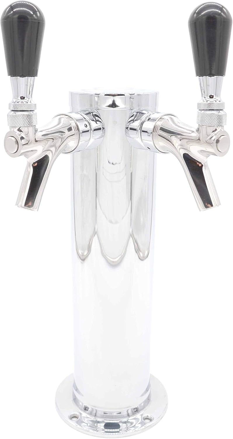 K&B Double Faucet Draft Beer Kegerator Tower 3" - Customizable (1 Nitro Stout Faucet & 1 Chrome Faucet, Standard Black Plastic Tap Handle)