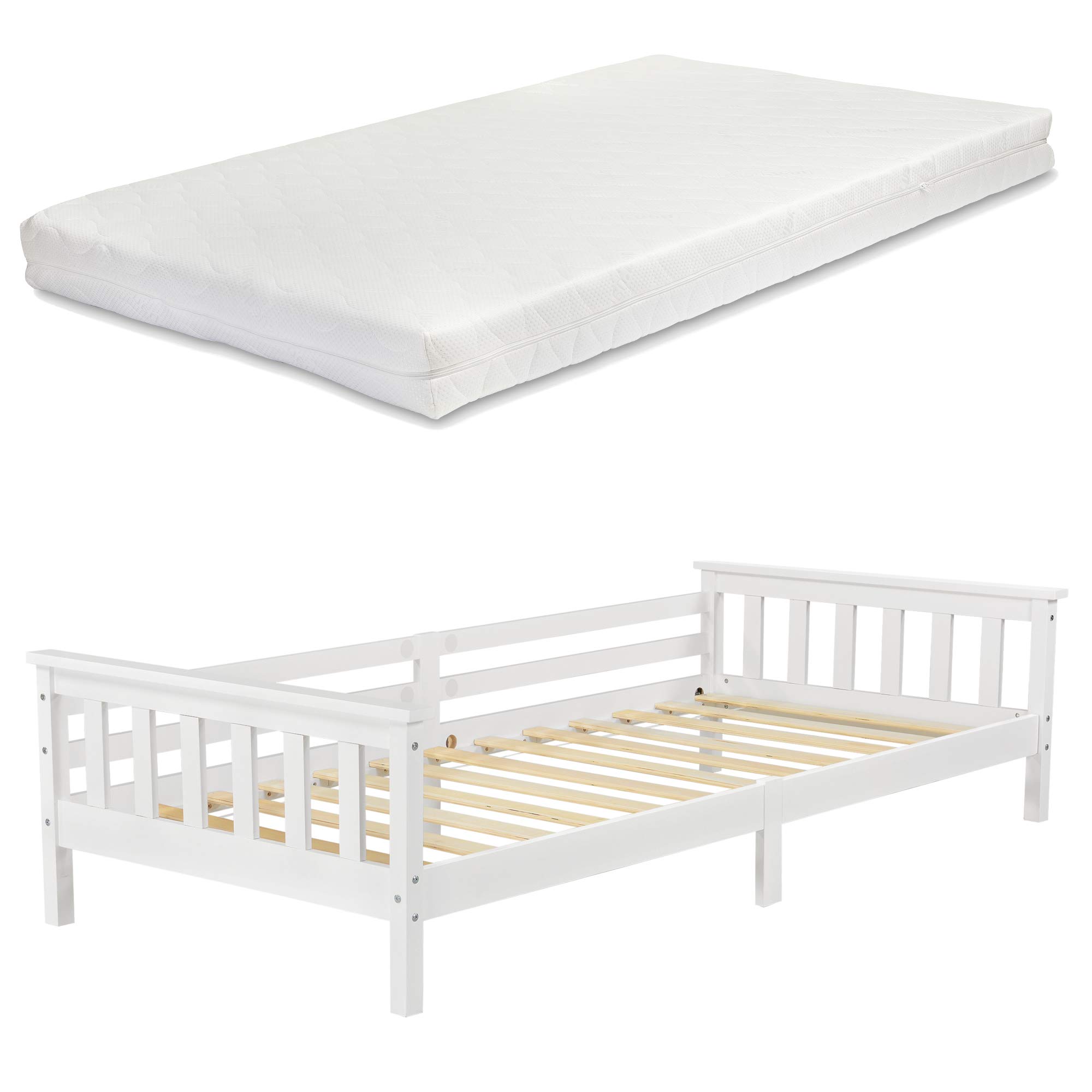 [en.casa] Letto per Bambino/Ragazzo con Materasso Ipoallergenico a Schiuma Fredda 90x200 cm Letto di Design Moderno in Legno di Pino con Testiera e Pediera - Bianco