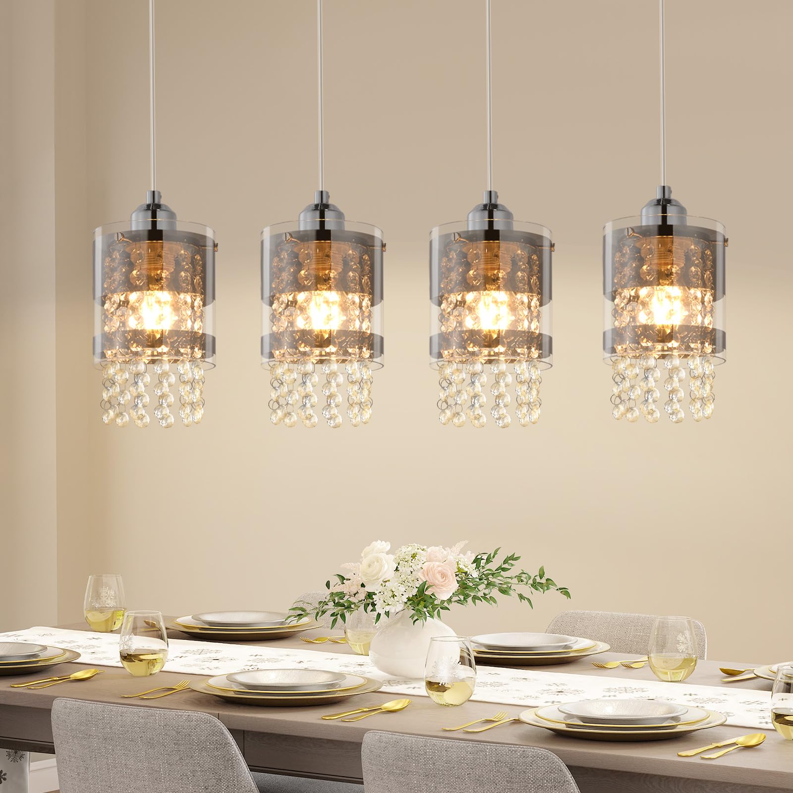 ZMH Pendelleuchte Esstisch Modern Hängelampe Glas Hängeleuchte Esszimmer 4 | Flammig Esstischlampe Hängend 150CM Höhenverstellbar Kristall E27 Pendellampe für Küche Wohnzimmer Ohne Leuchtmittel
