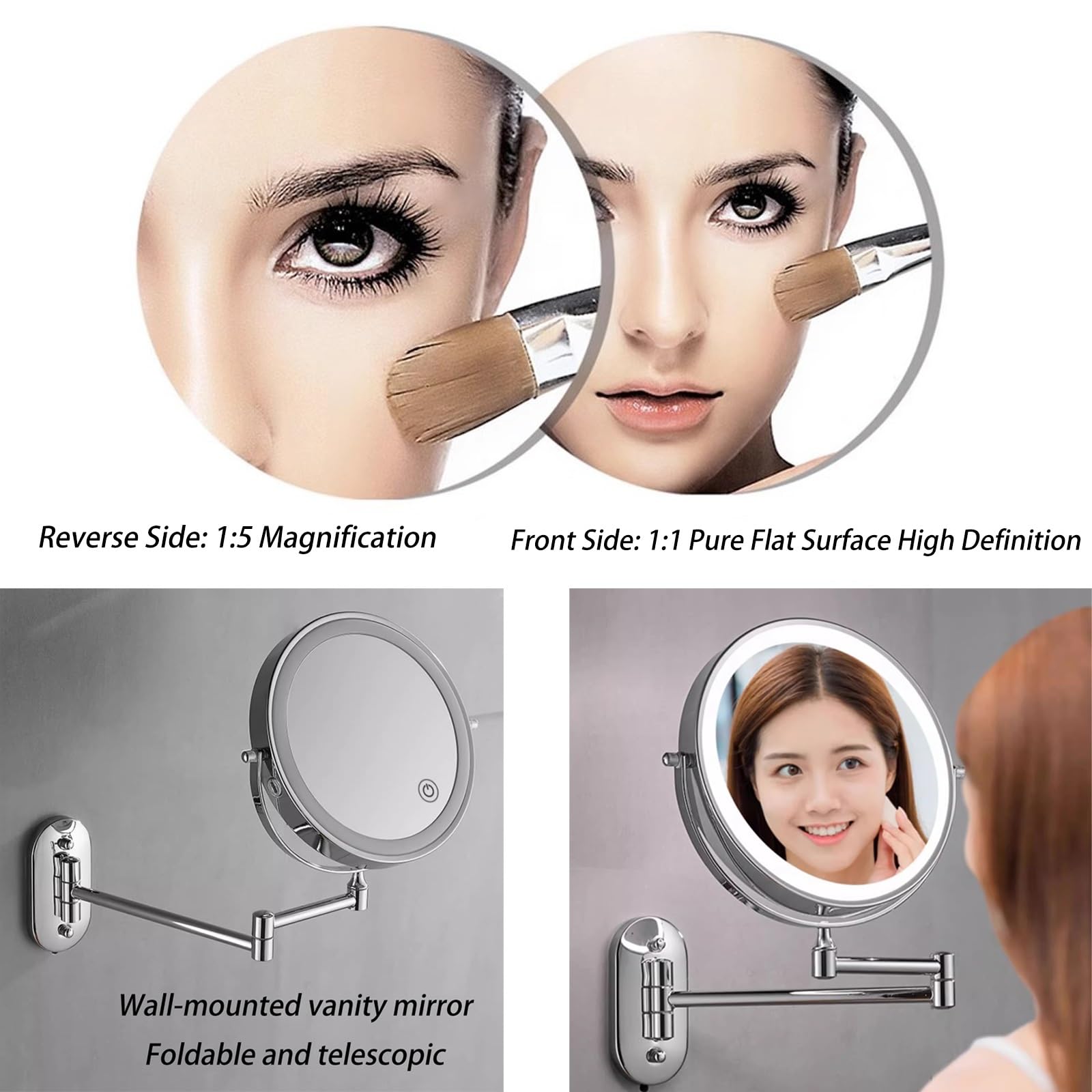 Braccio Pieghevole Estensione，specchio Da Trucco Da 1/5x, Montaggio A Parete, Specchio Da Barba Double Face, Specchio Ingranditore Per Bagno, Spa E Hotel.(Gold)