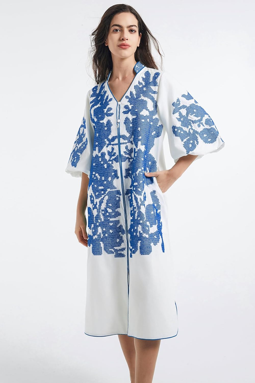 D-Sun Women Floral Embroidery Mid Dress Casual V-Neck 3/4 Sleeves Fall Winter Tunic Loose Zip Party Dress with Pocket - Image 2