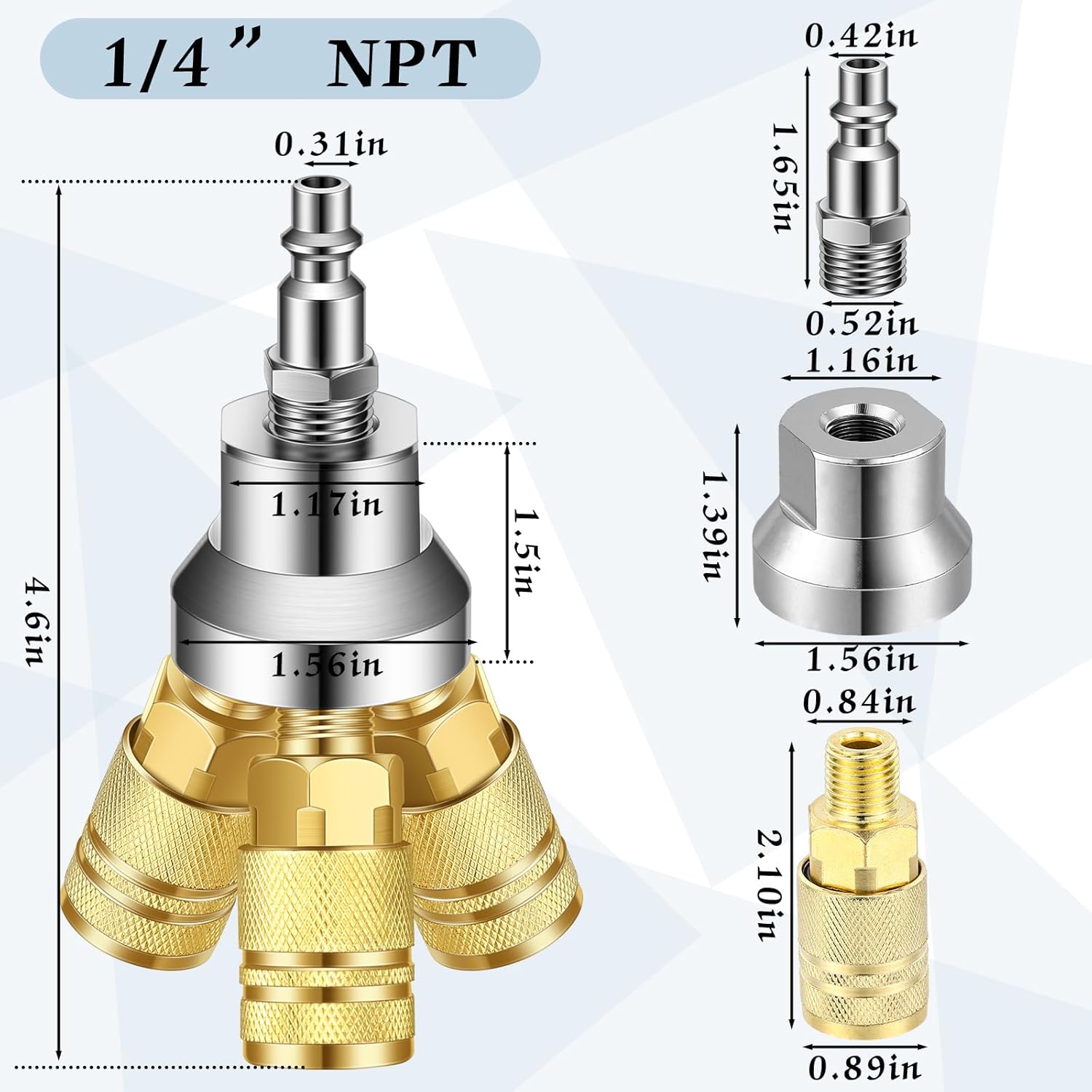 Gisafai 2 Pcs 3 Way Air Manifold Air Hose Splitter with 3 Steel Industrial Couplers and 1/4" Male Npt Plug Compressor Hose Accessories Fittings(Brass Color)