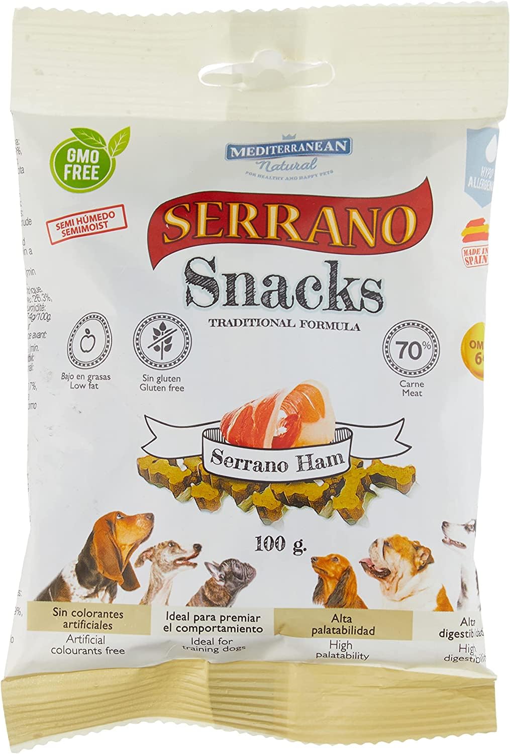 Snack Saludable de jamon Serrano para Perros 100g - Mediterranean Natural. Ideal como recompensa. Aperitivo.