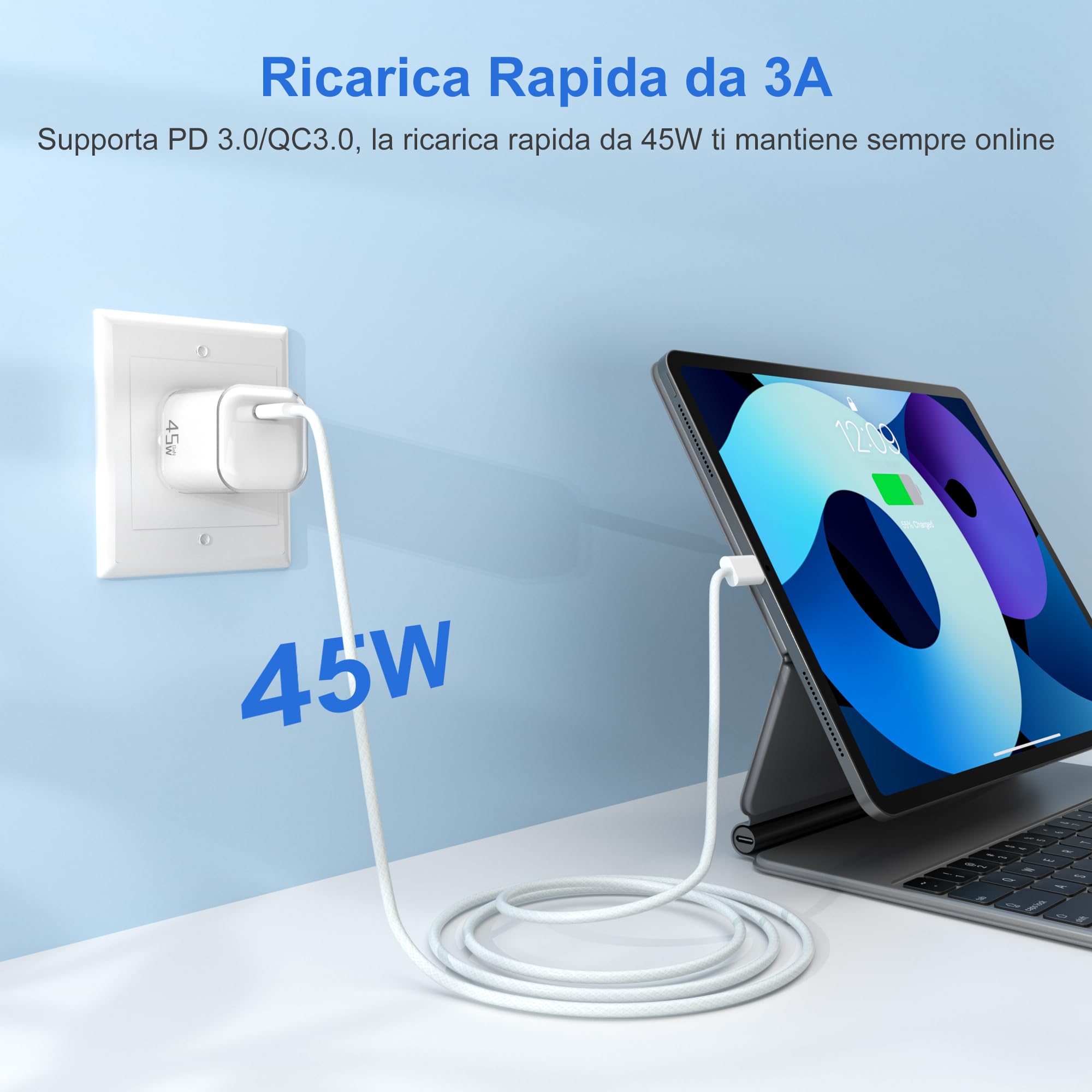 YISH 45W Caricatore USB C Caricabatterie：GAN PD3.0 Alimentatore USB C Rapido Compatto Carica Batterie Cellulare con 60W Cavo Type-C 1M Spina Ricarica Adattatore Tipo C Presa Spinotto per Smartphone