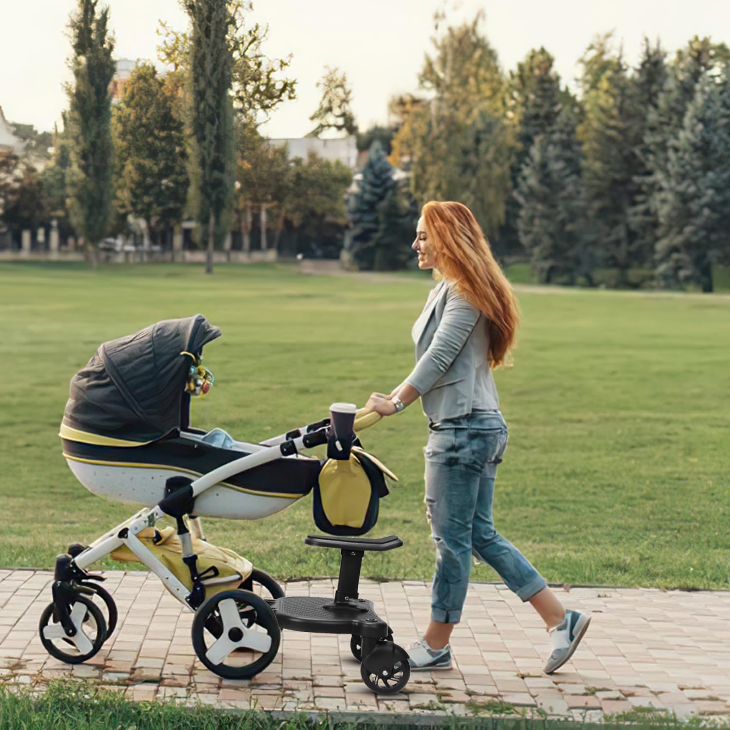 Buggy Board mit Sitz, Kiddy Board mit Sitz，trittbrett für kinderwagen universal，360°Zweirad Design,für 2-6 Jahre alte Kinder,kinderwagen board von 25kg(Schwarz)