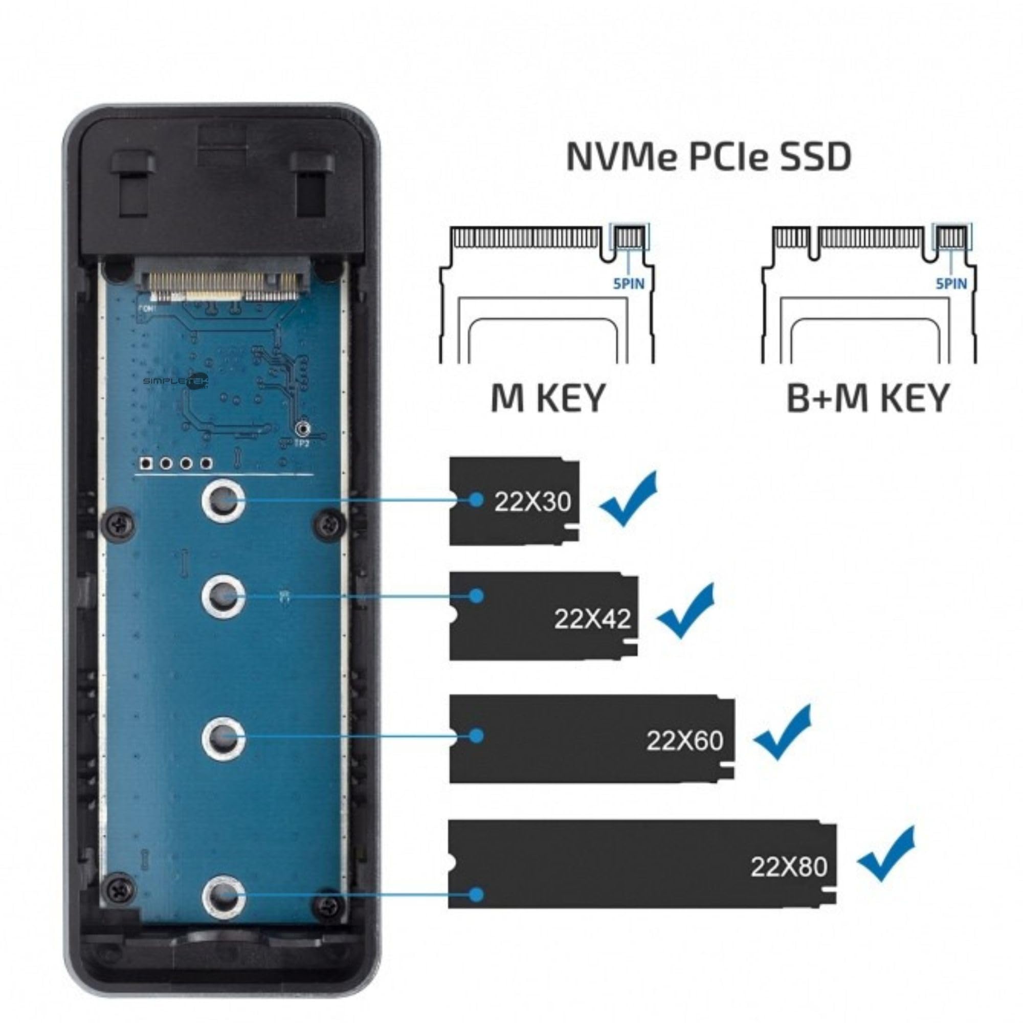 SIMPLETEK - SSD Esterno 240GB M.2 NVMe PCIe | Box USB 3.1 Gen2 (10Gbps) Type-C | Alluminio con Adattatore USB-A | NON SATA