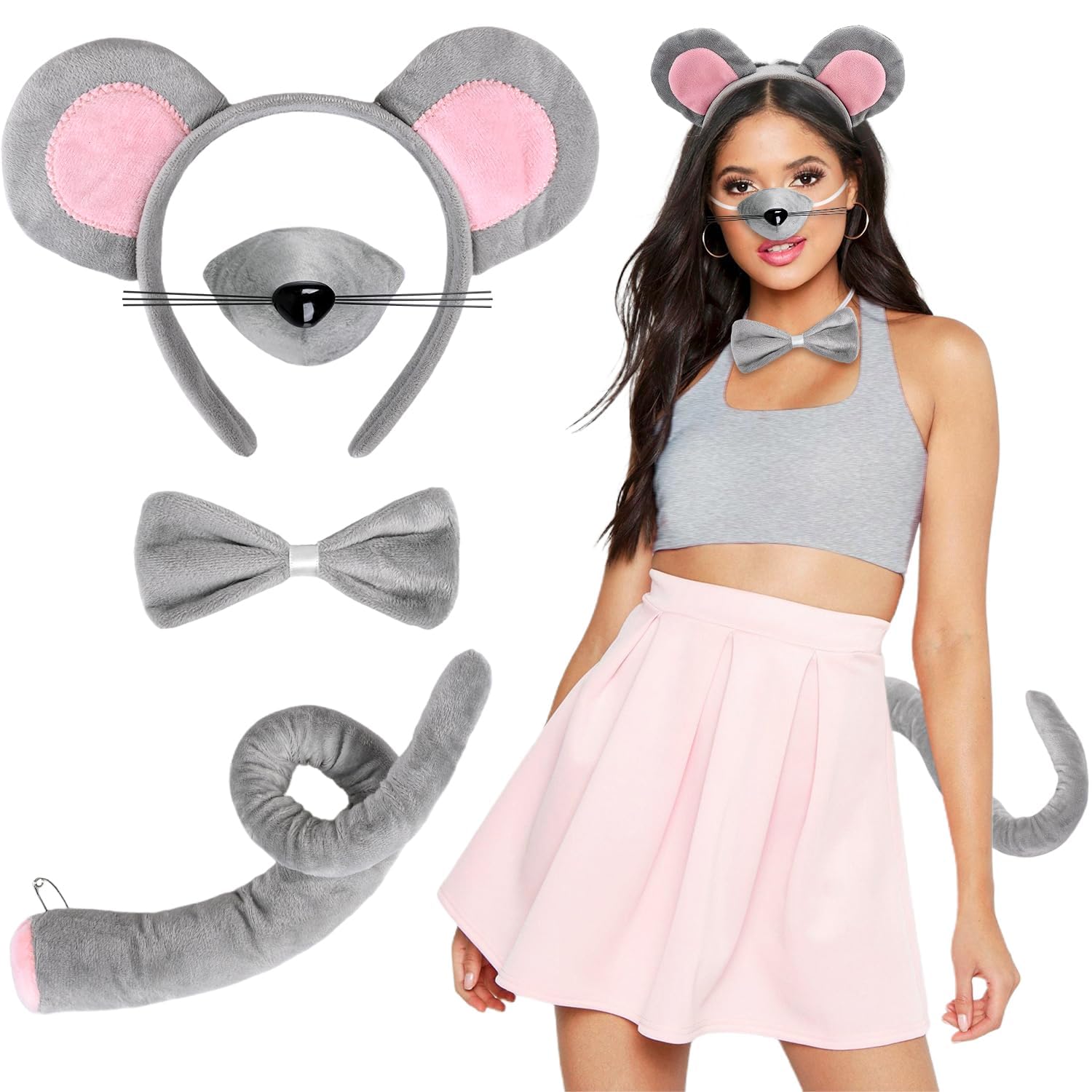 iZoeL Halloween Disfraz Mujer Ratón Diadema Con Orejas Nariz Cola Pajarita Accesorios Para Disfraz Animal Halloween Disfraz Mujer Carnaval Fiestas Temáticas