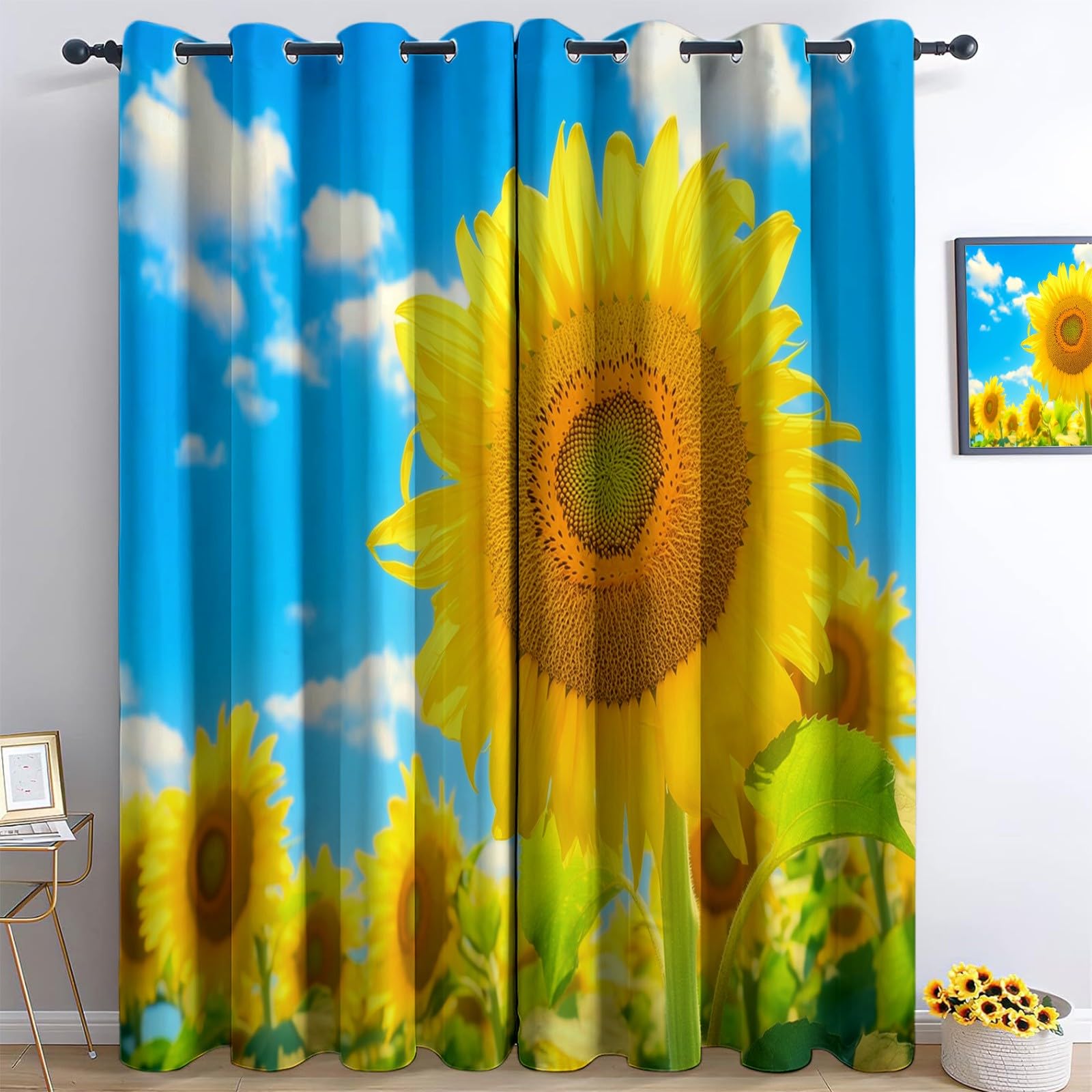 Générique Rideau Occultant Tournesols Ciel Bleu Et Nuages ​​Blancs, Rideau Thermique Isolant Bleu - Draperies Polyester Opaque à Oeillets pour Chambre Salon Fenêtre Décoration Lot de 2 110L x 215H cm