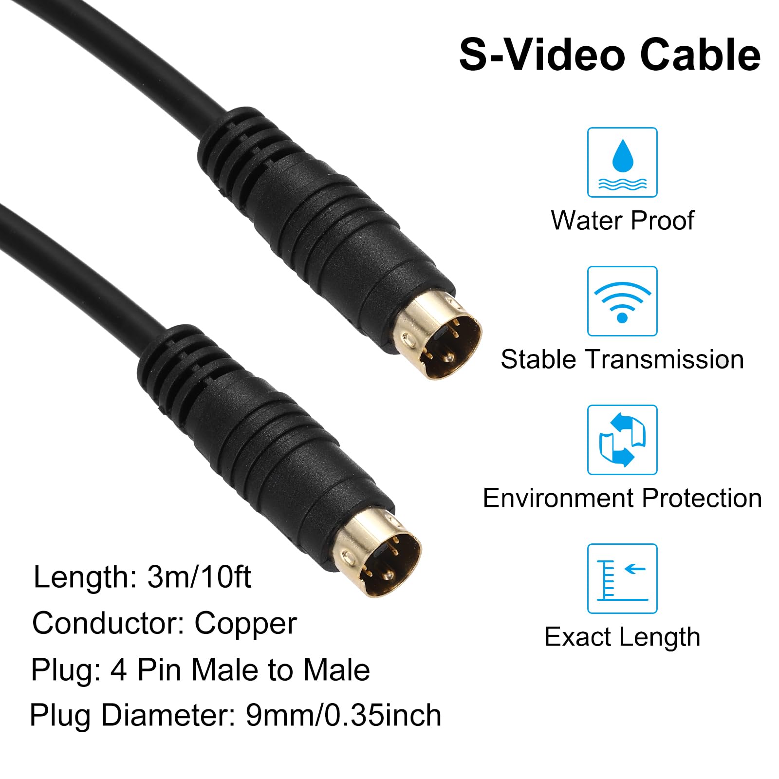 QUARKZMAN S kabel wideo 3,0 m, Mini DIN 4 Pin S kabel wideo wtyczka na wtyczkę, pozłacane przyłącza transmisja do odbiornika TV, monitora, S, VHS, VCR DVD