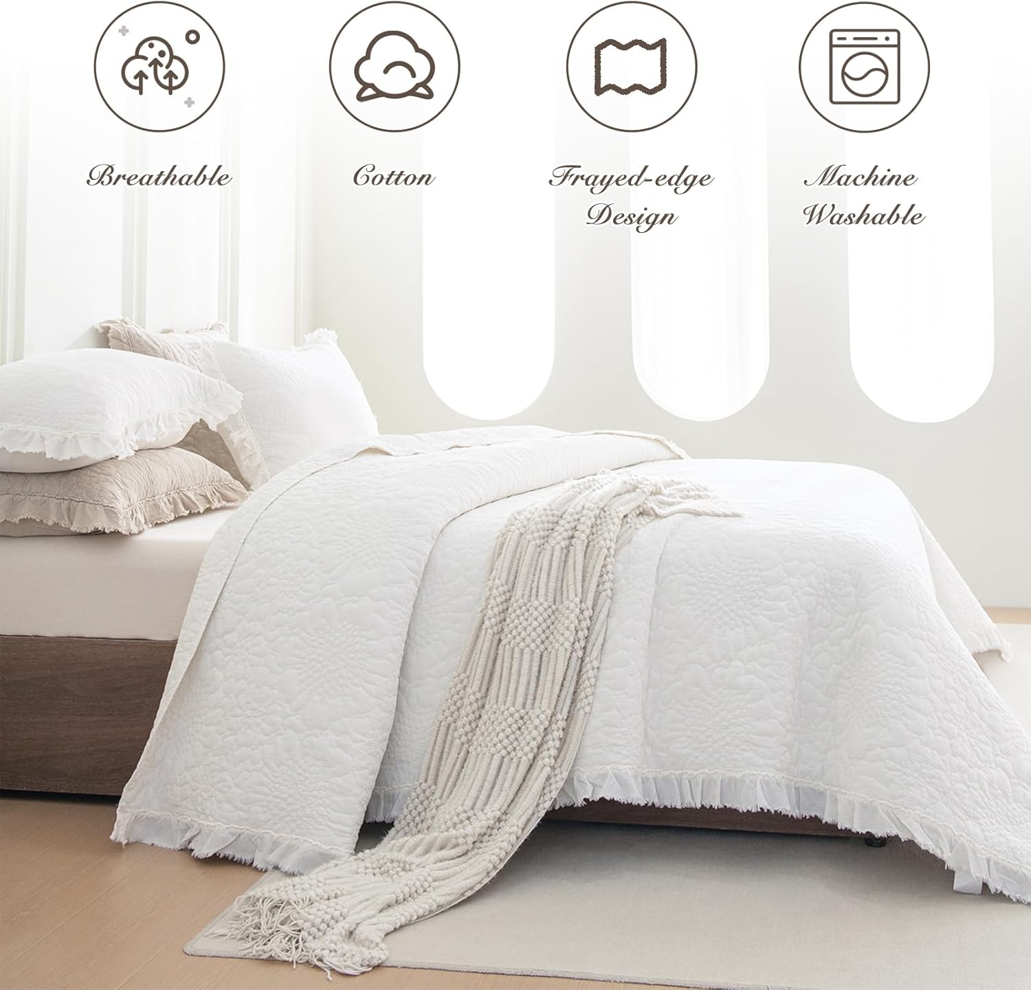 Sanracie Stonewashed Oversized King Bedspread(128"x120"), Cotton Ruffled Flower Pattern Ultra Large Wide Oversized Quilted Set 3Pcs Crinkle Aesthetic Farmhouse Bedding for All Season, Milk White