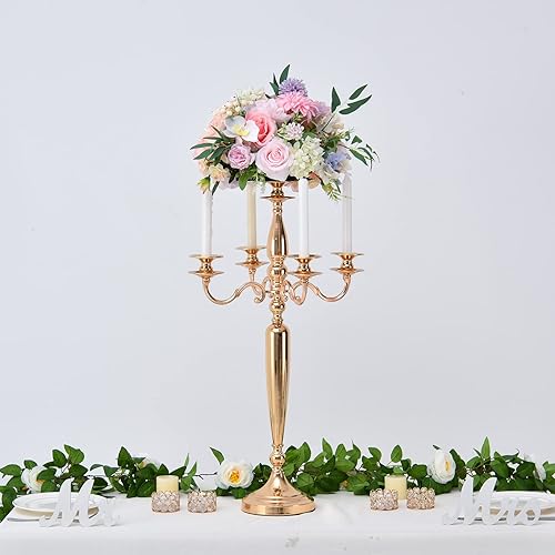 Miniatura 2 de Vincidern Candelabro de 5 brazos, portavelas dorado para centros de mesa de boda, candelabros decorativos de Navidad para el día de San Valentín (28