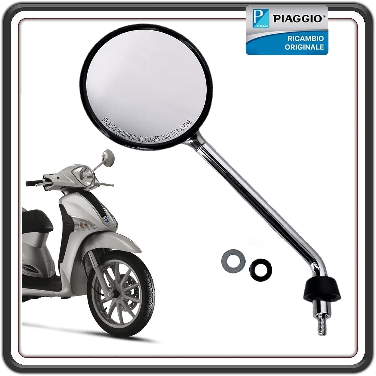 SPECCHIO SPECCHIETTO RETROVISORE ORIGINALE LATO SINISTRO CROMATO PER PIAGGIO LIBERTY 50 DAL 2009 AL 2019 - LIBERTY 125 DAL 2004 AL 2019 - LIBERTY 150 DAL 2006 AL 2014 – LIBERTY 200 DAL 2004 AL 2008.