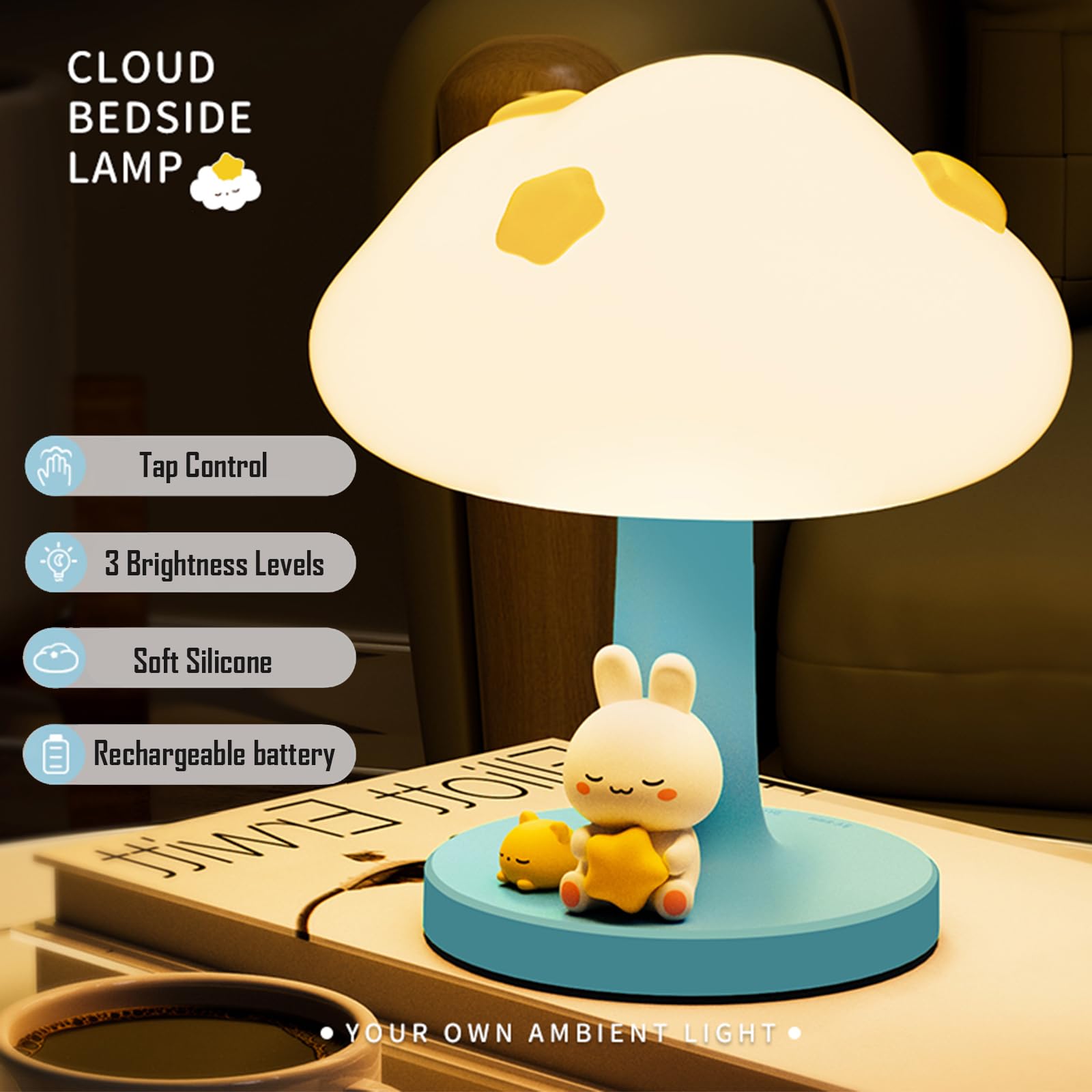Cloud and Bunny Wiederaufladbares Nachtlicht, Sicheres Weiches Silikonmaterial, 3 Helligkeitsstufen, Tap Control, Warmes Licht, Kleinkind Schlaflampe, Schlafzimmer Nachtlampe (Wolke und Hase)