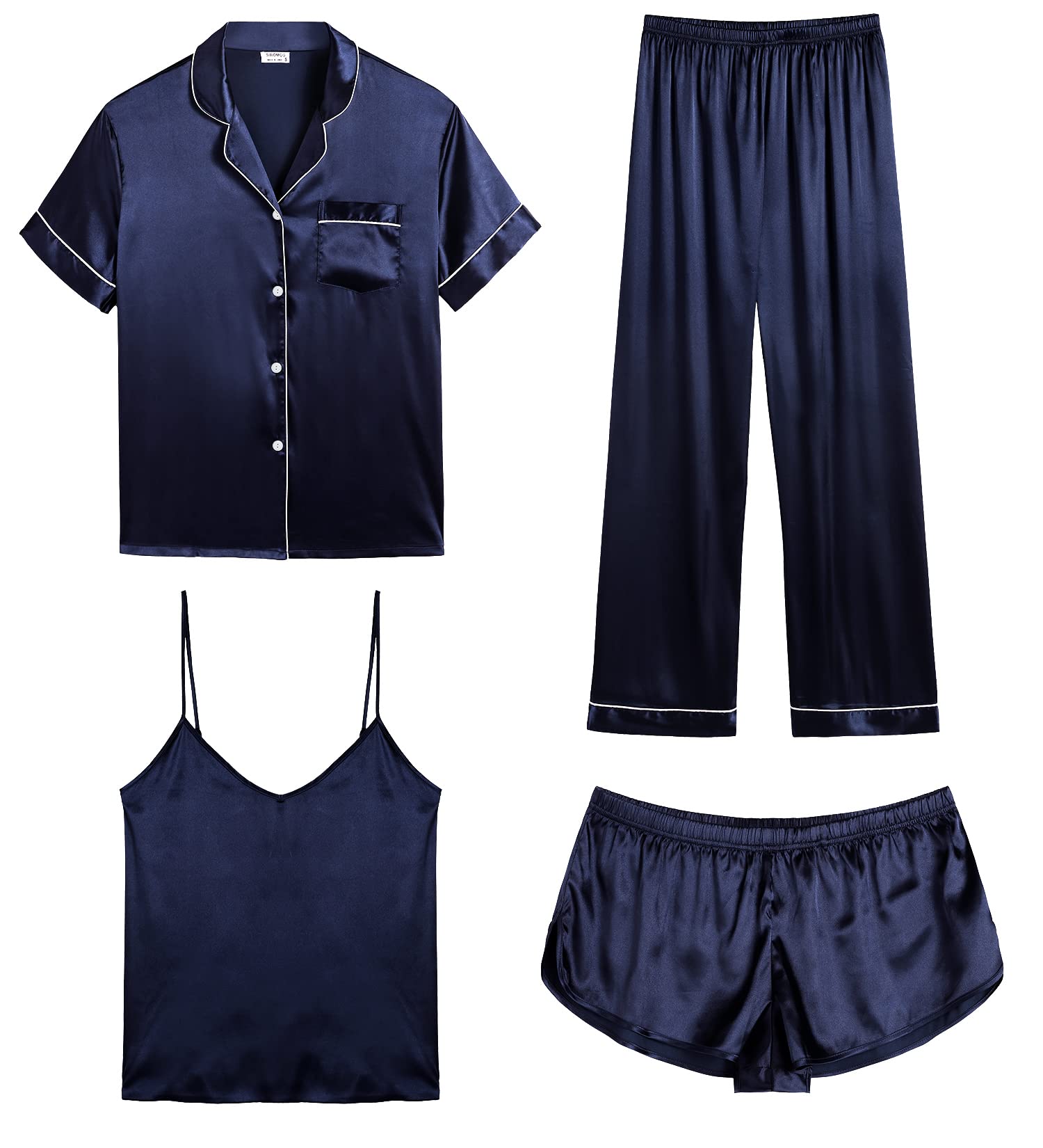 SWOMOG Womens Silk Satin Pajamas Sets 4pcs Sleepwear Sexy Cami Shorts Set and Button Down Short Sleeve Pjs Loungewear