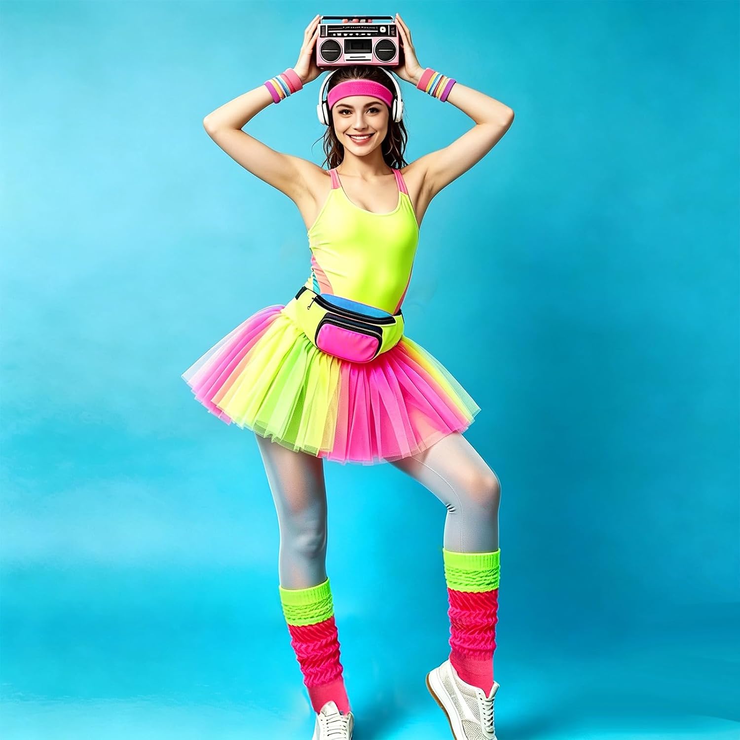 80s Neon Workout Costume Accessories Set 12 PCS Retro Fanny Pack Scrunchies Earrings Silicone Wristband Slouch Socks for Yoga Running Party Halloween