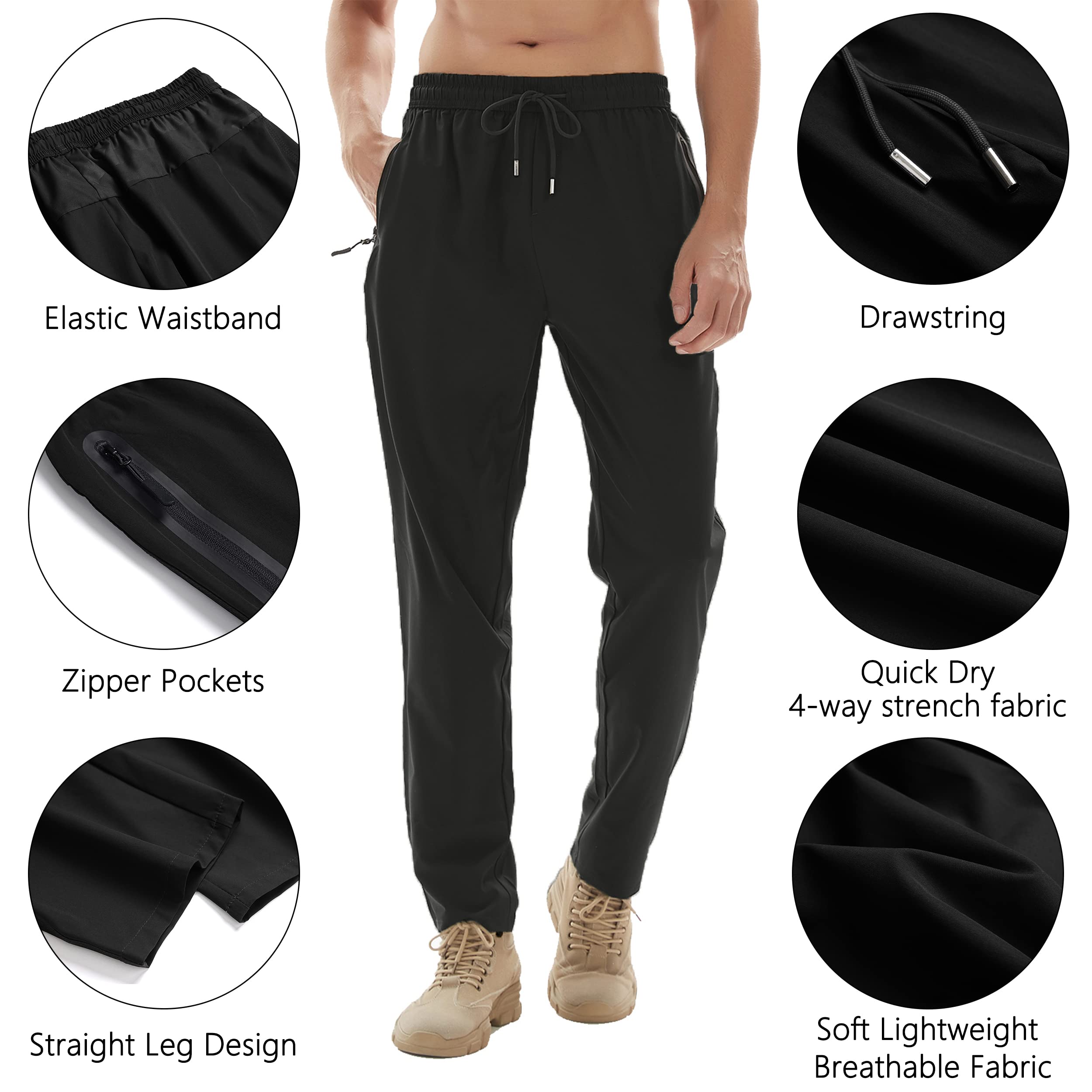 Men's Lightweight Quick Dry Hiking Running Pants Outdoor Sports Breathable Zipper Pockets Athletic Work Pants Black M