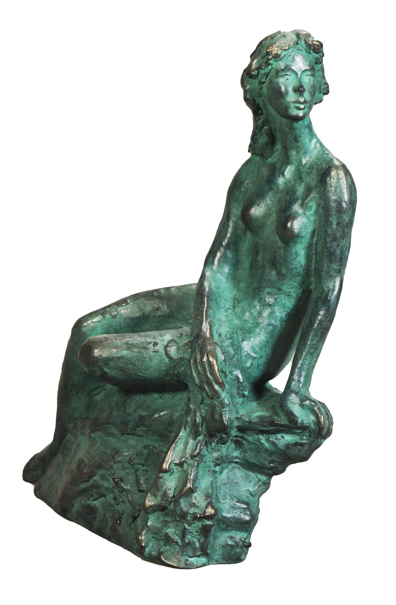 Escultura estilo clásico, figura desnudo mujer sentada, pátina bronce oxidado verde