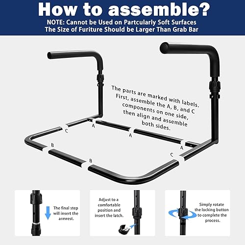 Miniatura 3 de Mango de asistencia de pie para ancianos y personas mayores, riel de ayuda de pie ajustable en altura con agarre antideslizante, barra de seguridad