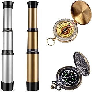 Kids Pirate Telescope & Compass Toy Kits 4pcs Pack Plastic Collapsible Handheld Retro Telescope Spyglass & Pocket Survival Gear Compass for Pirate Theme Party Cosplay Birthday Xmas Gift for Kids