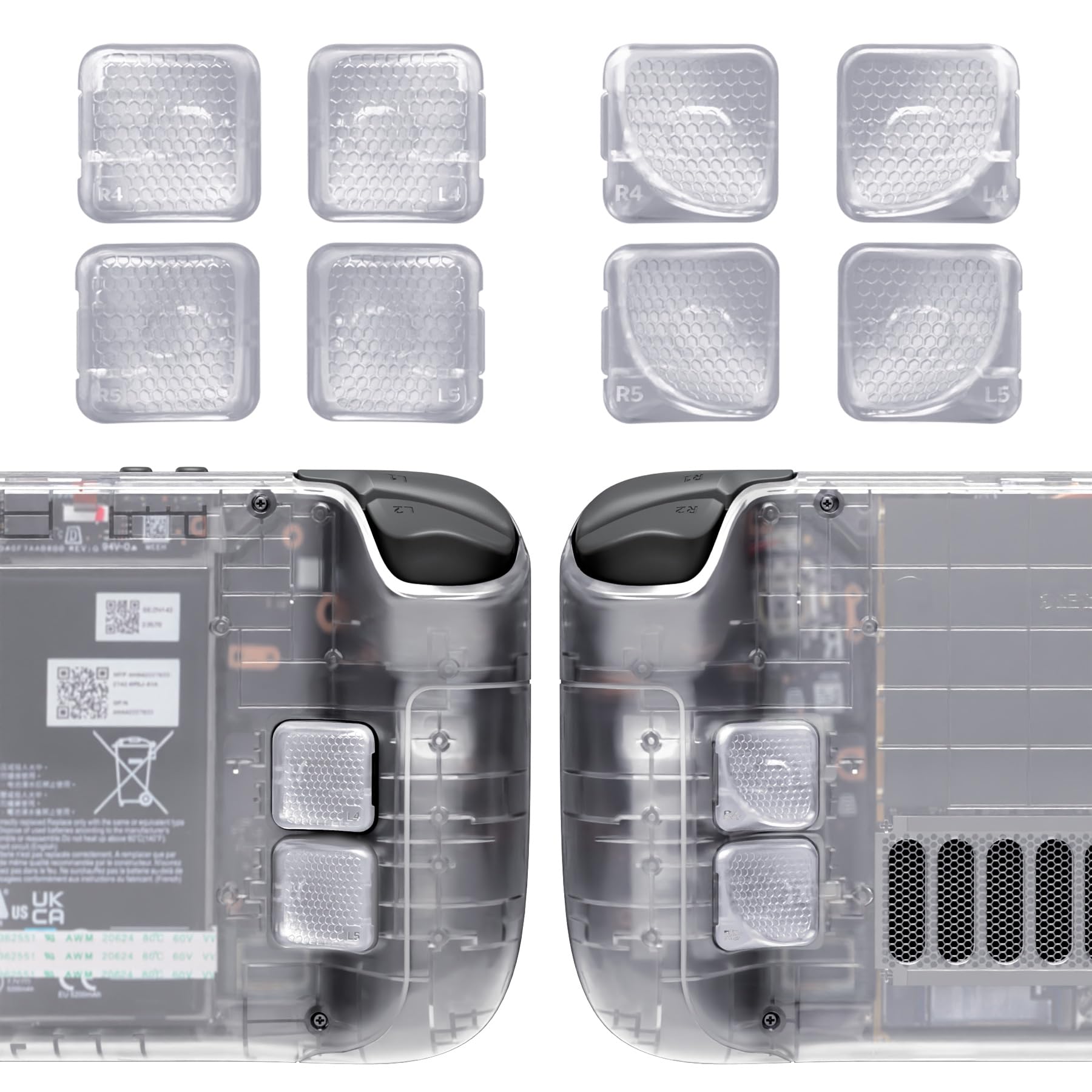 eXtremeRate 8pcs Boutons Interchangeable avec Coque Arrière pour Steam Deck LCD & OLED,Kit d'Accessoires pour Steam Deck Console Back Buttons – Transparent