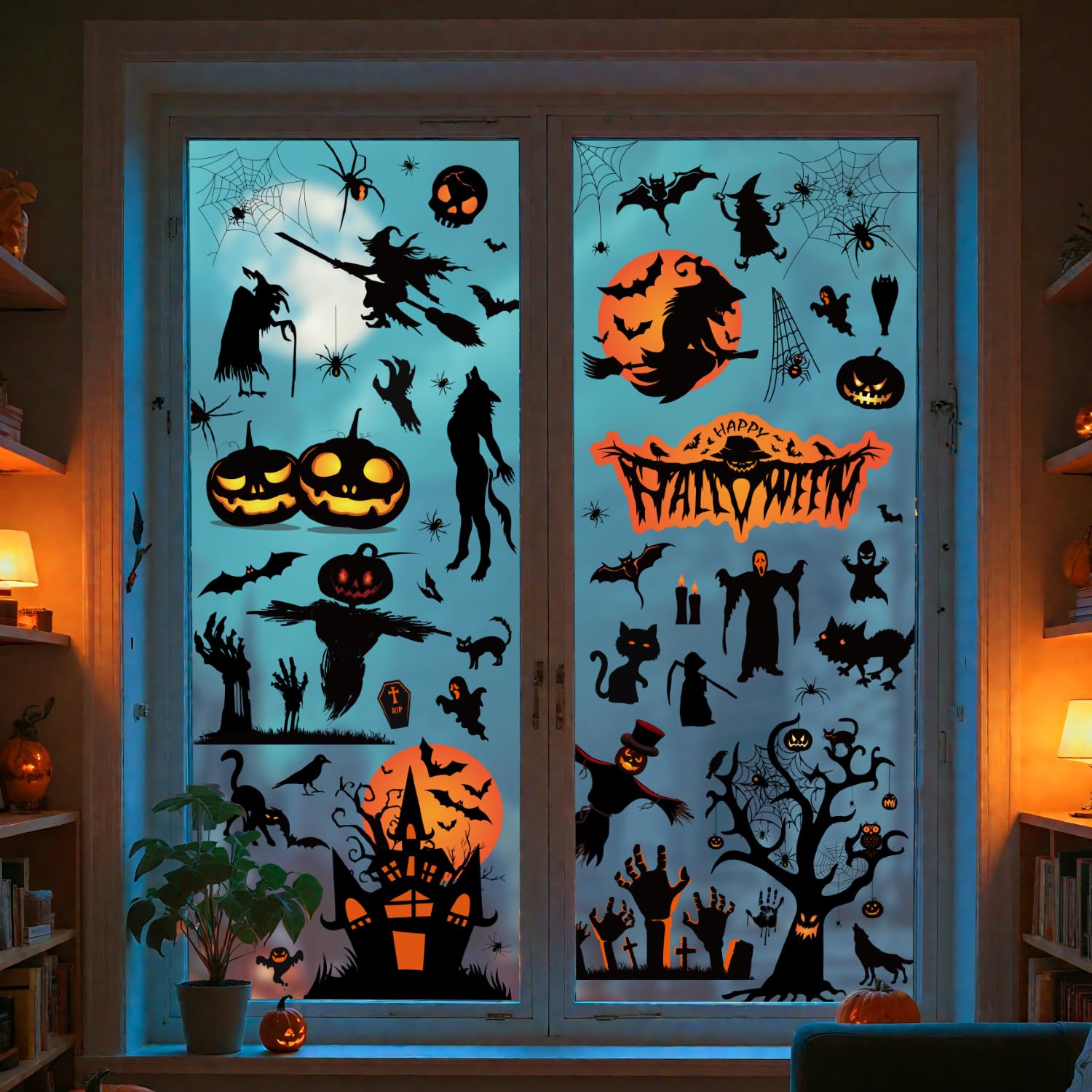 Etopgo Halloween Fensterbilder, 8 Blatt 111 STK Halloween Deko Fenster Kürbisse, Spinnennetze, Fledermäuse Fensteraufkleber, Doppelseitiger Druck Wiederverwendbare PVC Aufkleber für Party Deko