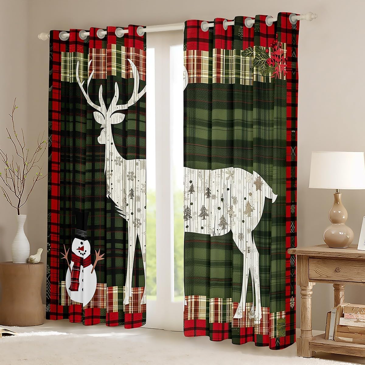Homewish Christmas Reindeer Curtain,Cute Xmas Snowman Pine Snowflakes Blackout Window Curtains for Girls Boys,Red Green Checkered Happy New Year Window Treatment Curtains for Living Room, 38Wx45L inch