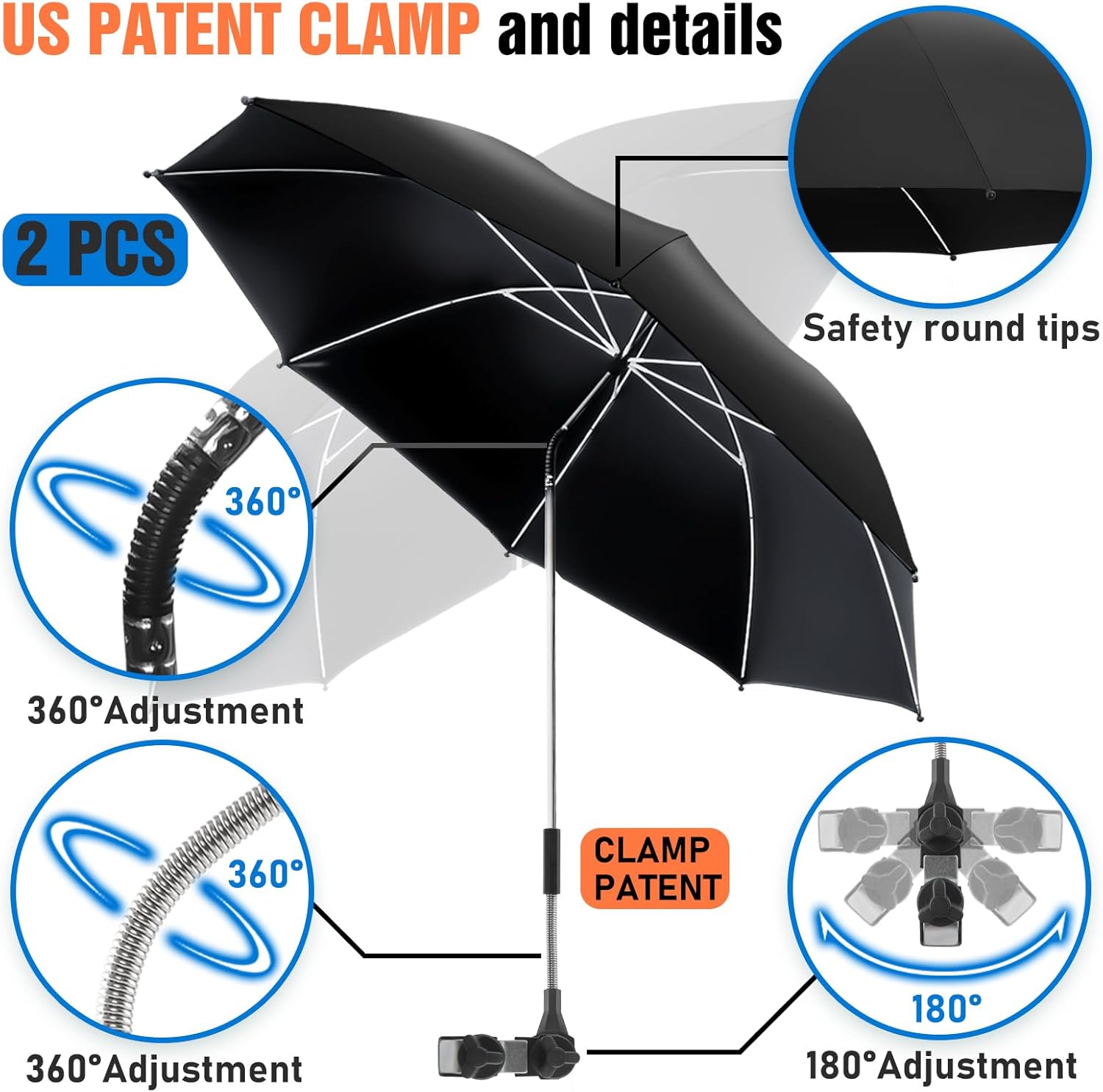 2 PACK Beach Umbrella with Clamp, 360 ° Adjustable Umbrellas for Chair, UPF50+ Umbrella for Beach Chair, Patio Chair, Wheelchair, Camping Chair, Golf Carts (Chair Not Included)