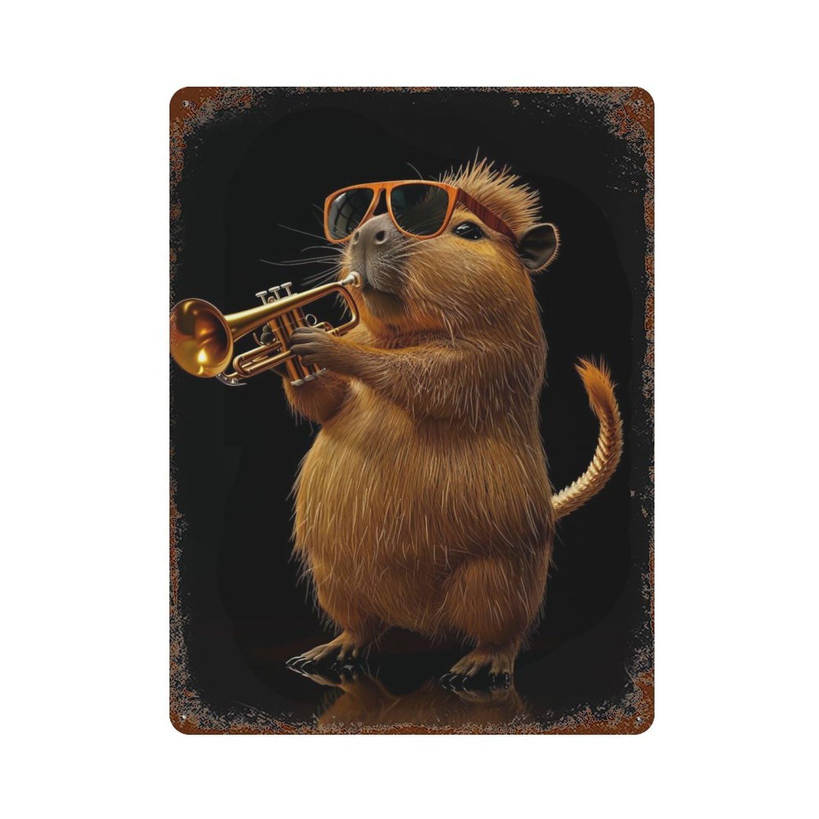 Capybara Trumpet Aged Metal Wall Plaque 15.7"x11.8", Industrial Home Decor for Pub, Kitchen And Man Cave Decor