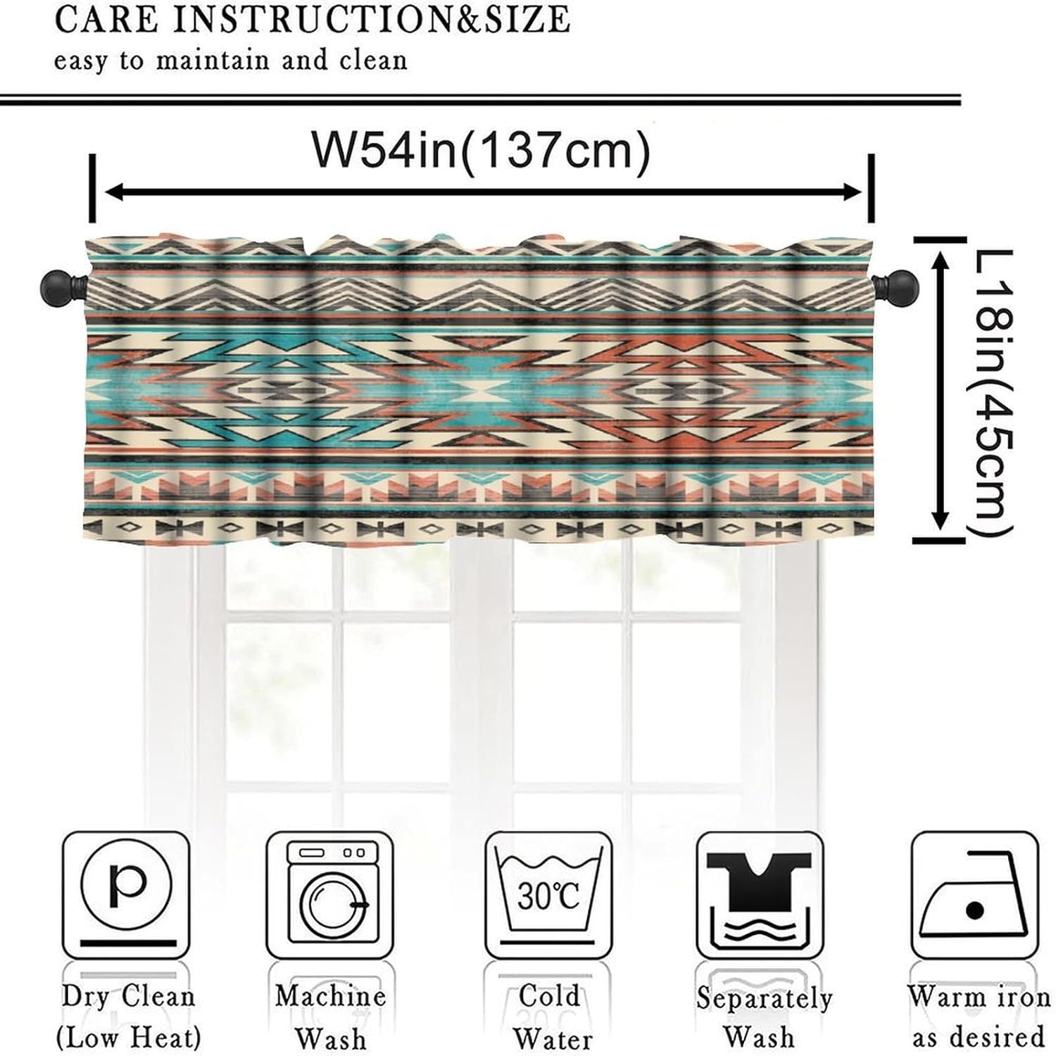 Aztec Valance Curtain for Kitchen, Window Treatment Southwestern Native Tribal Ethnic Western Boho Geometric Patterm Rod Pocket Drapes for Kids Room Living Room Bedroom Decor 54x18inch - Image 2