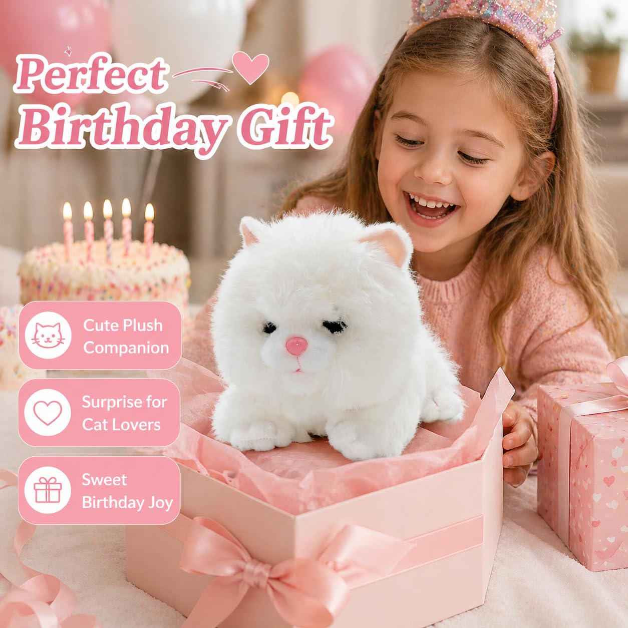 YH YUHUNG Blanco realista robot gato relleno animal de peluche electrónico interactivo gato con control de voz ladrando maullido gato gatito regalo de cumpleaños para niños
