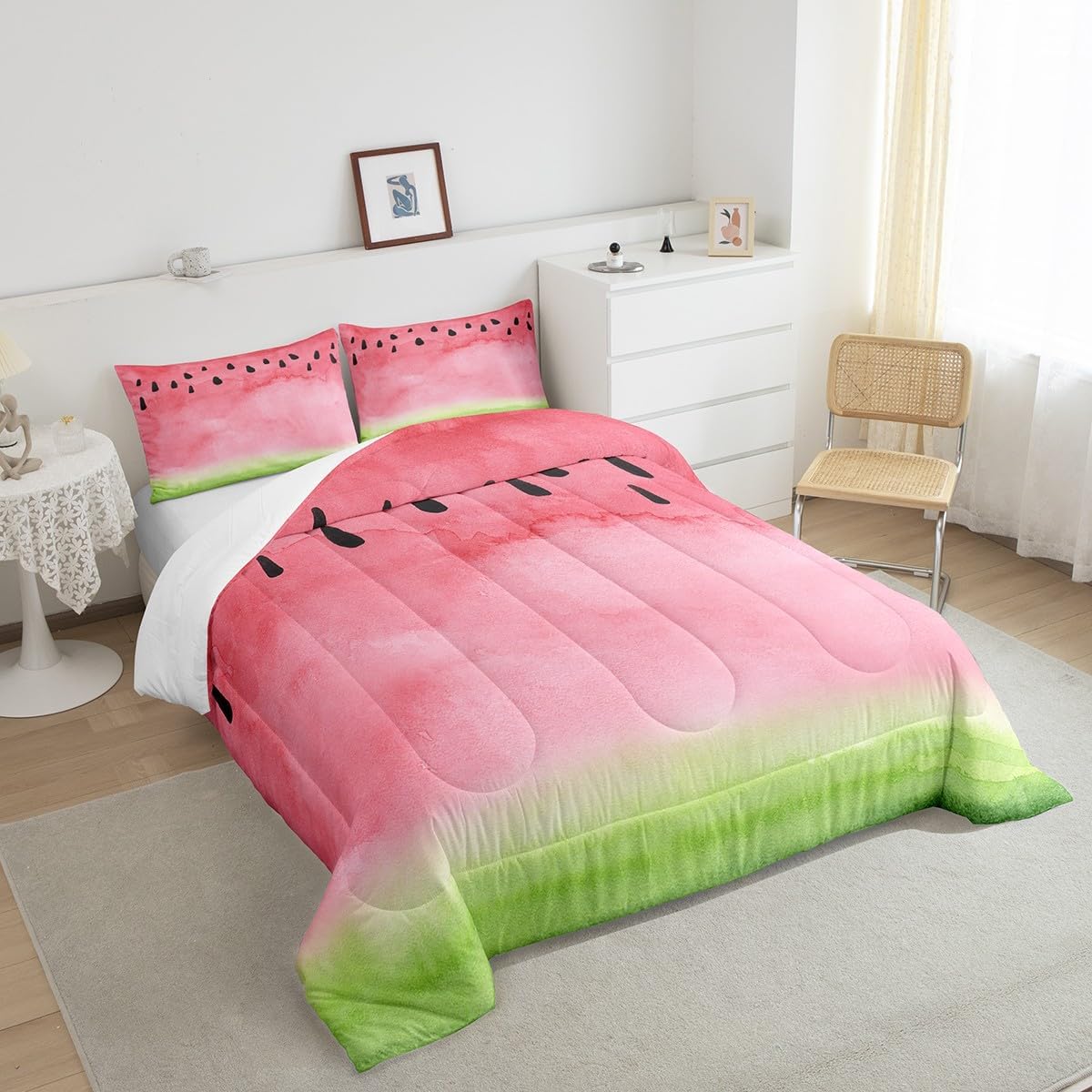 Watermelon Comforter Set Queen,Watercolor Tie Dye Bedding Set 3pcs for Kids Teens Adults Room Decor,Pink Green Summer Fruit Quilt Set Modern Plants Duvet Insert with 2 Pillowcases