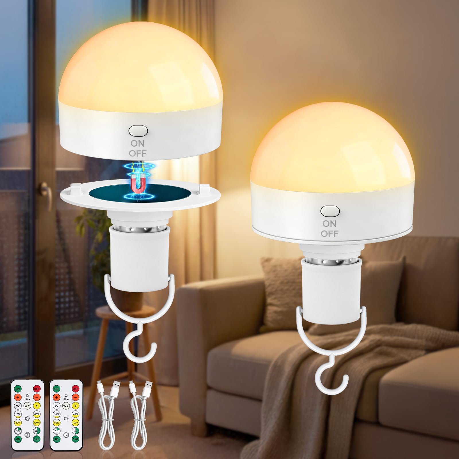 Kimjo E27 Wiederaufladbare Glühbirne mit Fernbedienung 2 Stück - 10W Aufladbare Glühbirne mit Batterie USB 3 Farben Dimmbare - Abnehmbare Magnetische Akku Glühbirnen Aufladbar Outdoor Camping Lampe