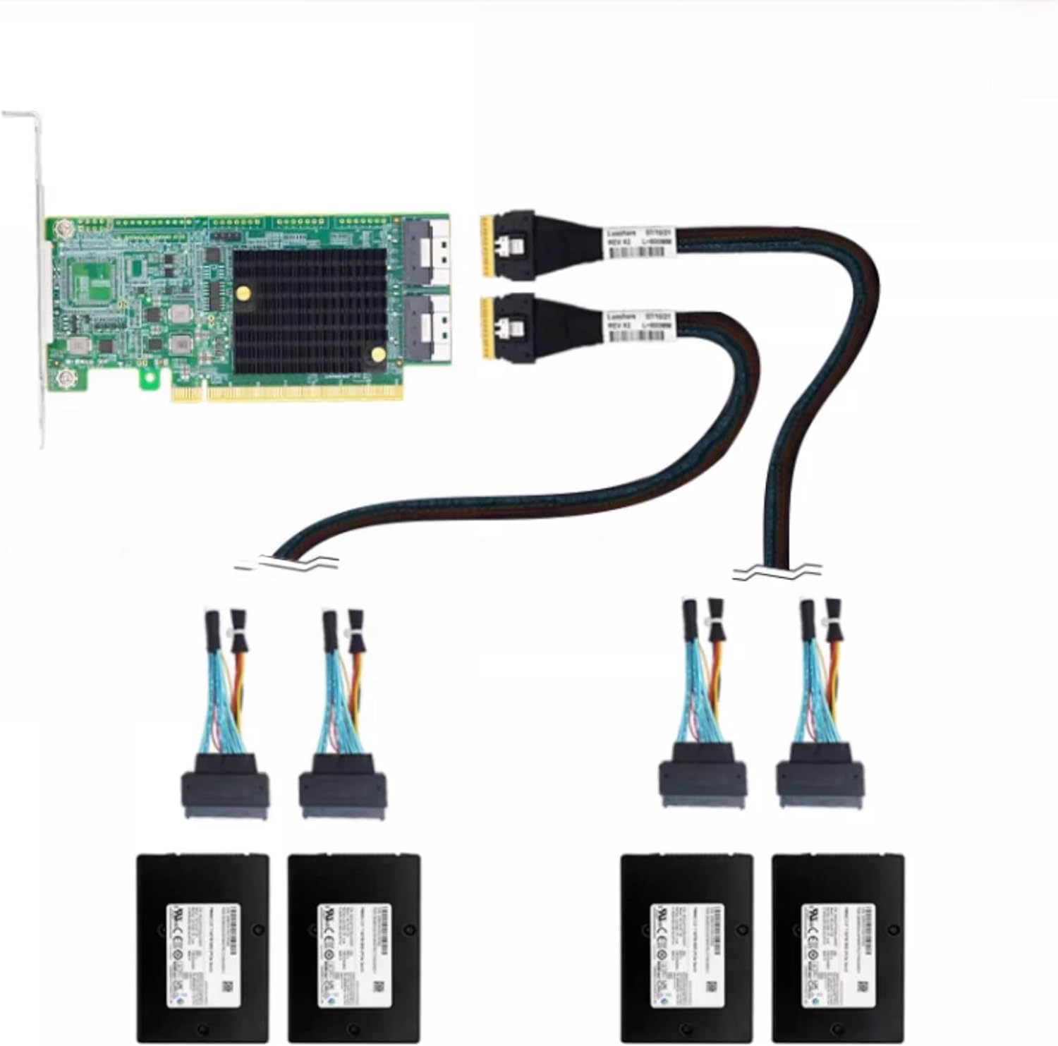 PCIe 4.0 x16 NVMe Expansion Card with 2 Port SlimSAS 8654 to 4 U.2 SSD Retimer Controllers