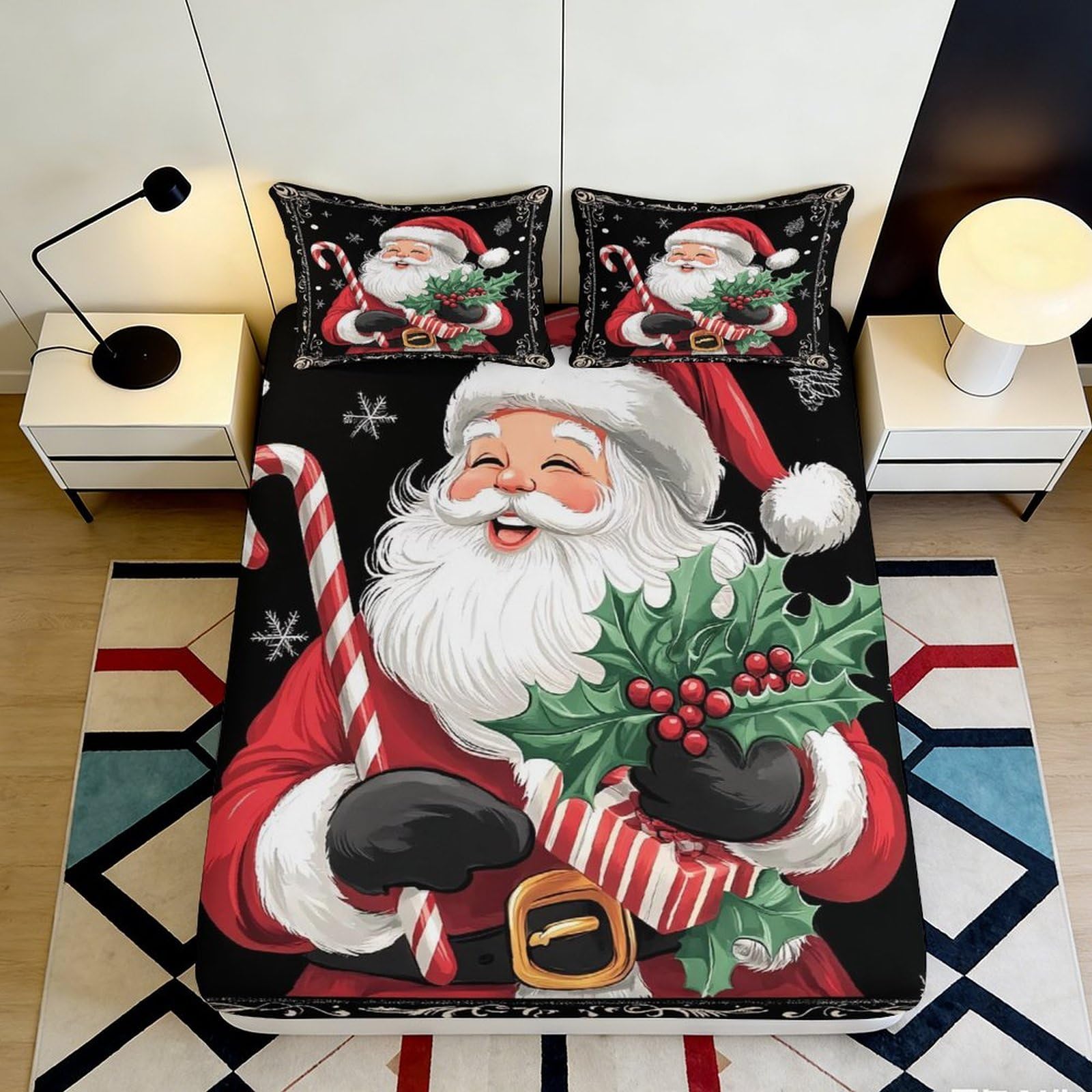 3D Printed Santa Claus Fitted Sheet Microfiber Soft Christmas Candy Cane Bed Cover for Bedroom Guest Room Decor 90x200x25cm