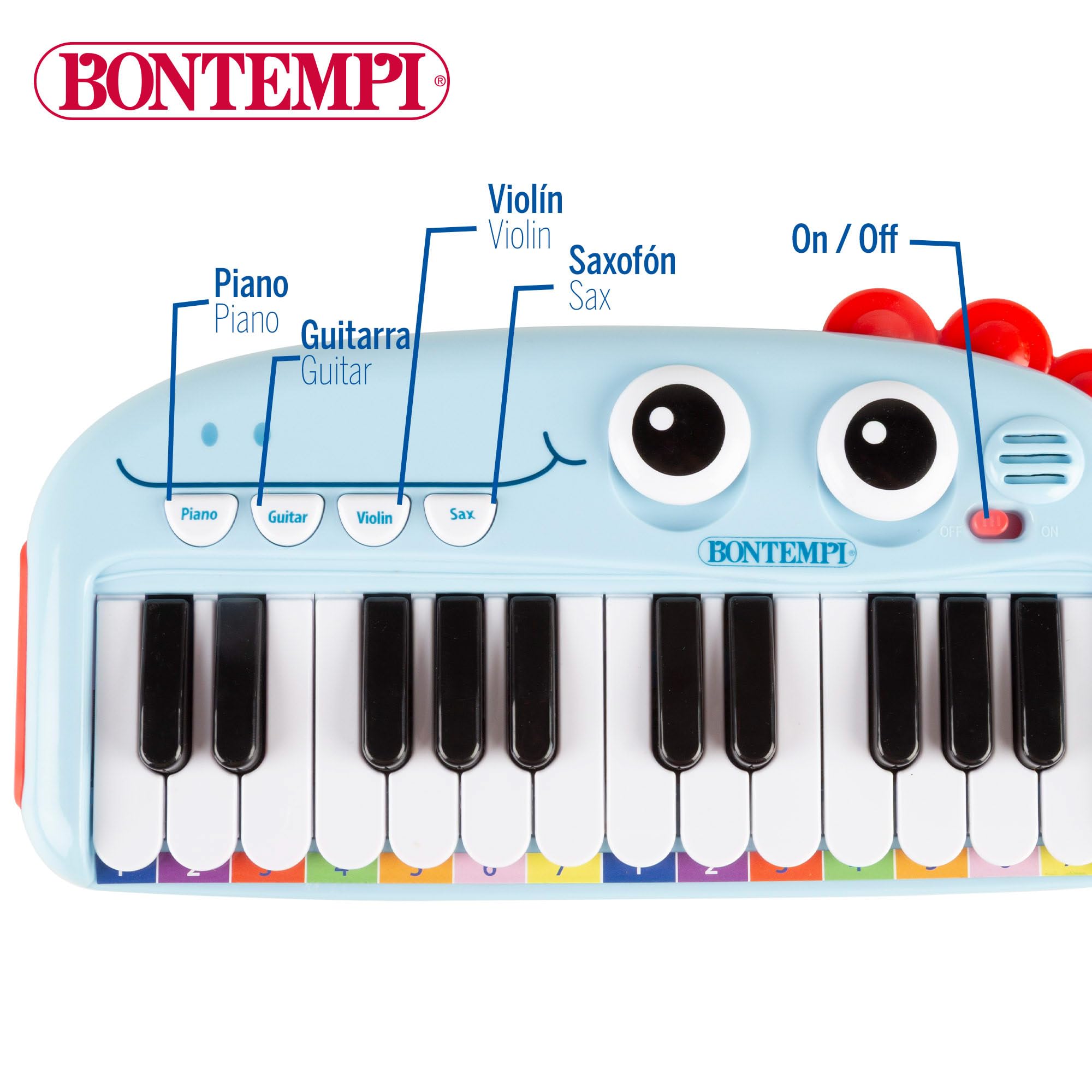 ColorBaby Bontempi Piano Infantil electrónico 24 Teclas con Luces, Sonidos, Melodías, Botones y diseño Seguro con Carita Sonriente, para iniciar a los más pequeños en la música Desde 18 Meses (39213)
