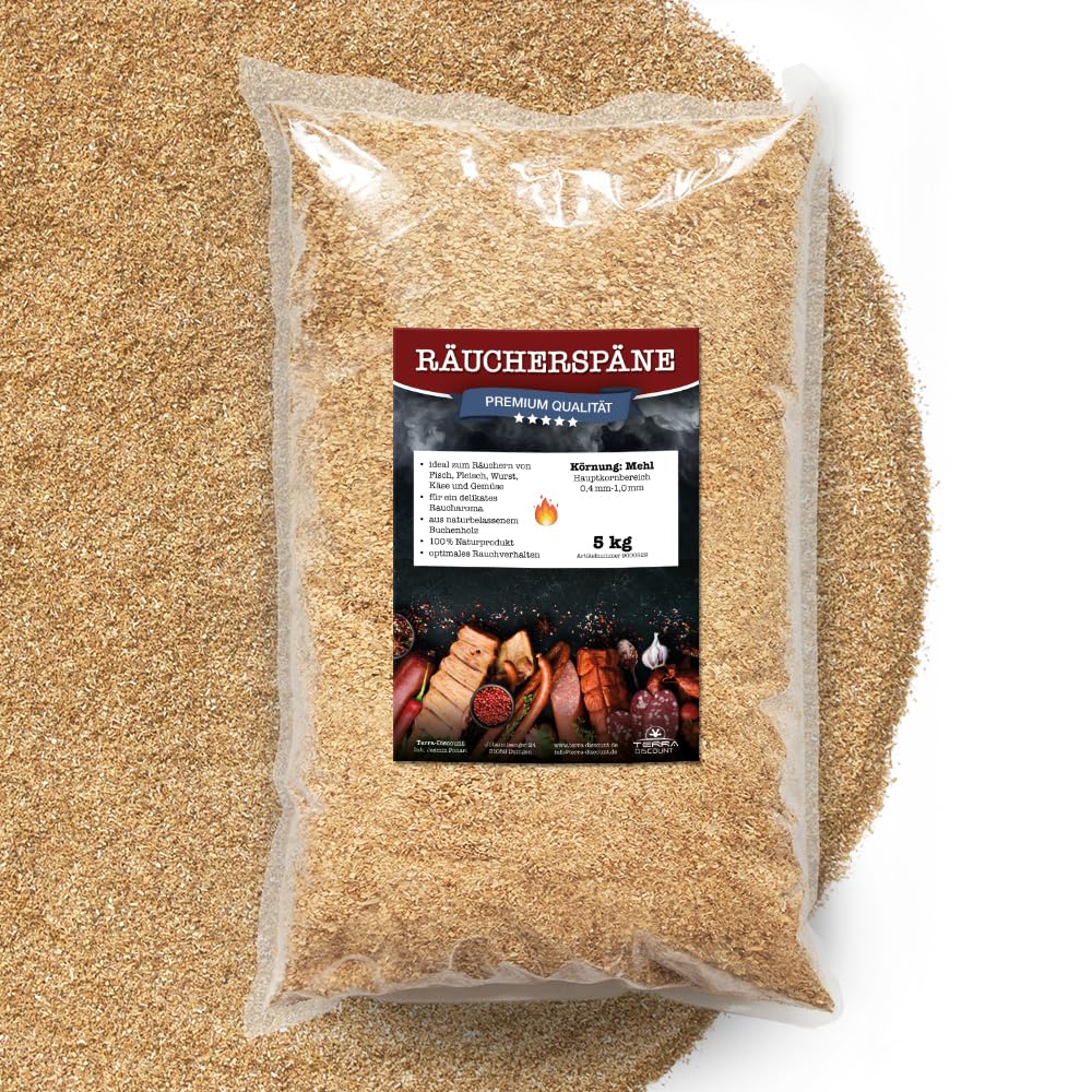Terra Discount Räuchermehl aus Buche 500g, 2Kg, 5Kg oder 15 Kg - 0,4-1,0mm - zum smoken, räuchern/kalträuchern von Fleisch, Fisch, Gemüse geeignet - Buchenholz mit klassischem Aroma (5kg)