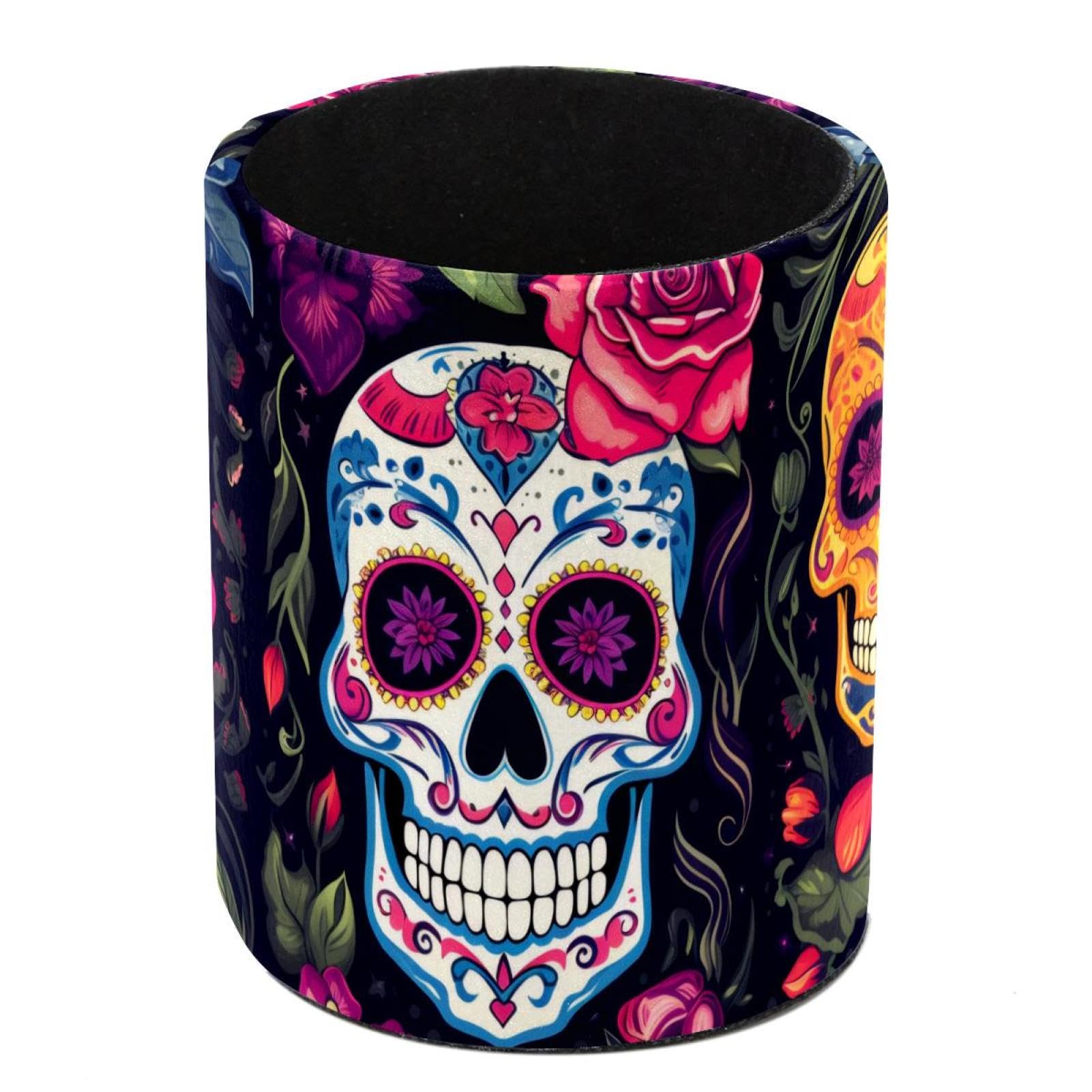 FWJZDSP Pencil Holder for Desk, Sugar Skull Flowers Pen Cup Makeup Brush Holder, Leather Desktop Organizer Storage Case Stationery for School Home Office Supplies