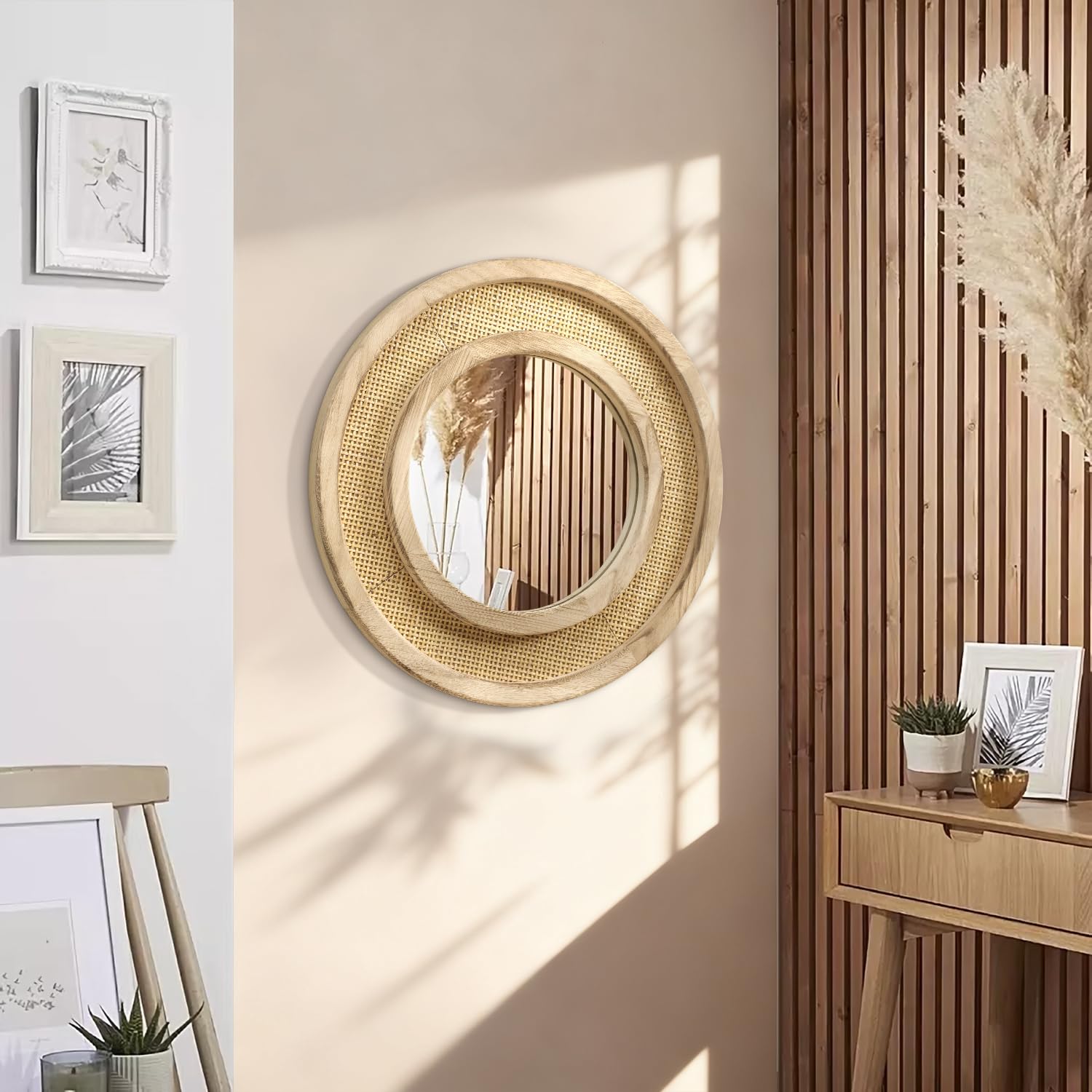 JJUUYOU Marco de Madera, Espejo de Madera, Espejo Redondo para Paredes, Espejo Colgante Circular de 50 cm, Ideal para Salas de Estar, baños, mesas de tocador, entradas y pasillos, marrón